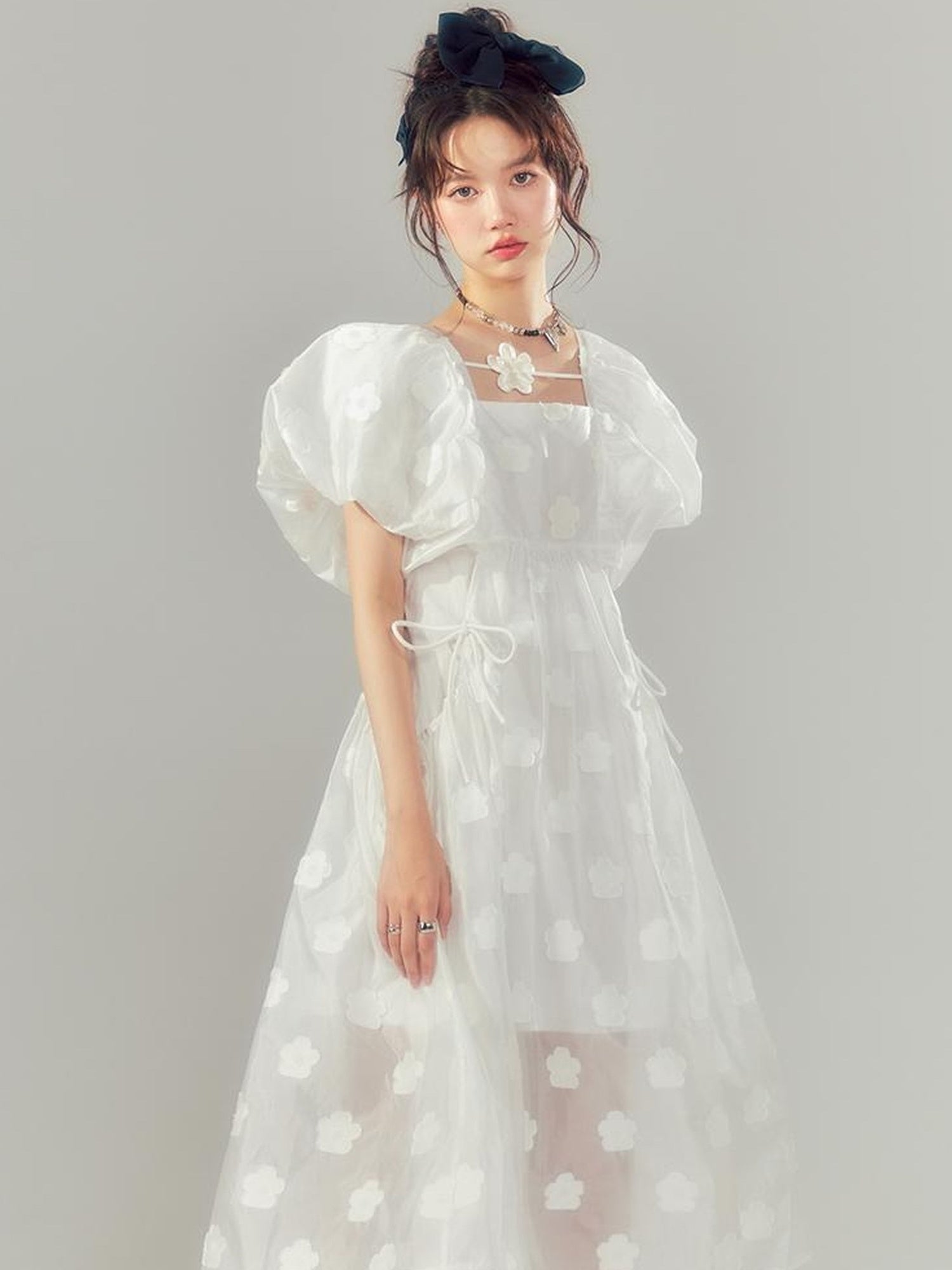 DIDDI MODA Puff Sleeve Smocked Jacquard Princess Maxi Dress