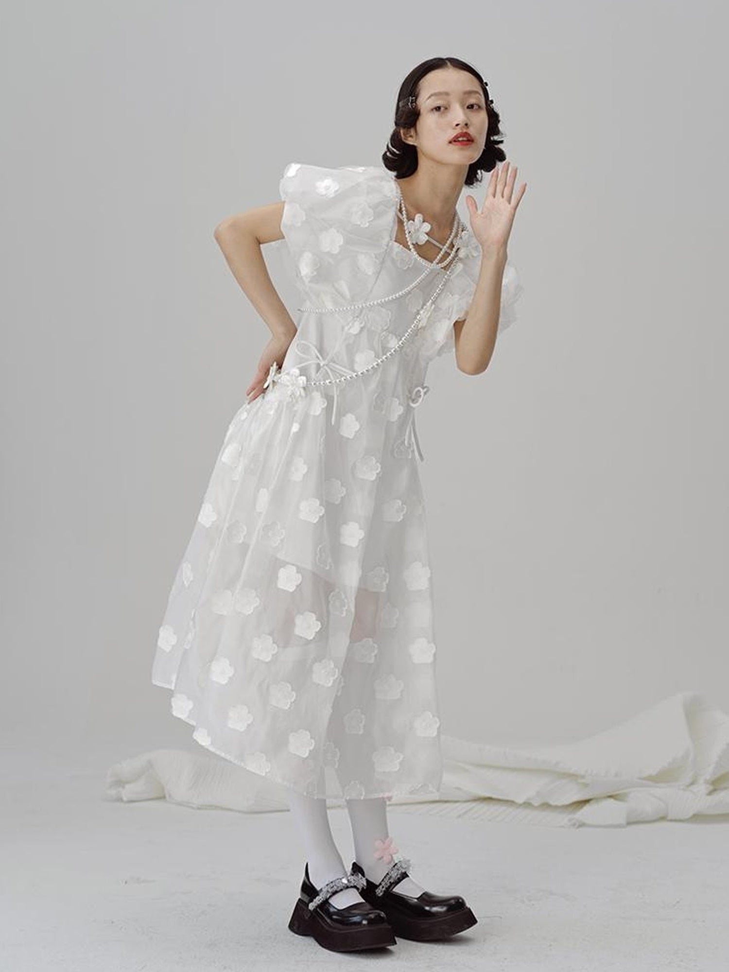 DIDDI MODA Puff Sleeve Smocked Jacquard Princess Maxi Dress