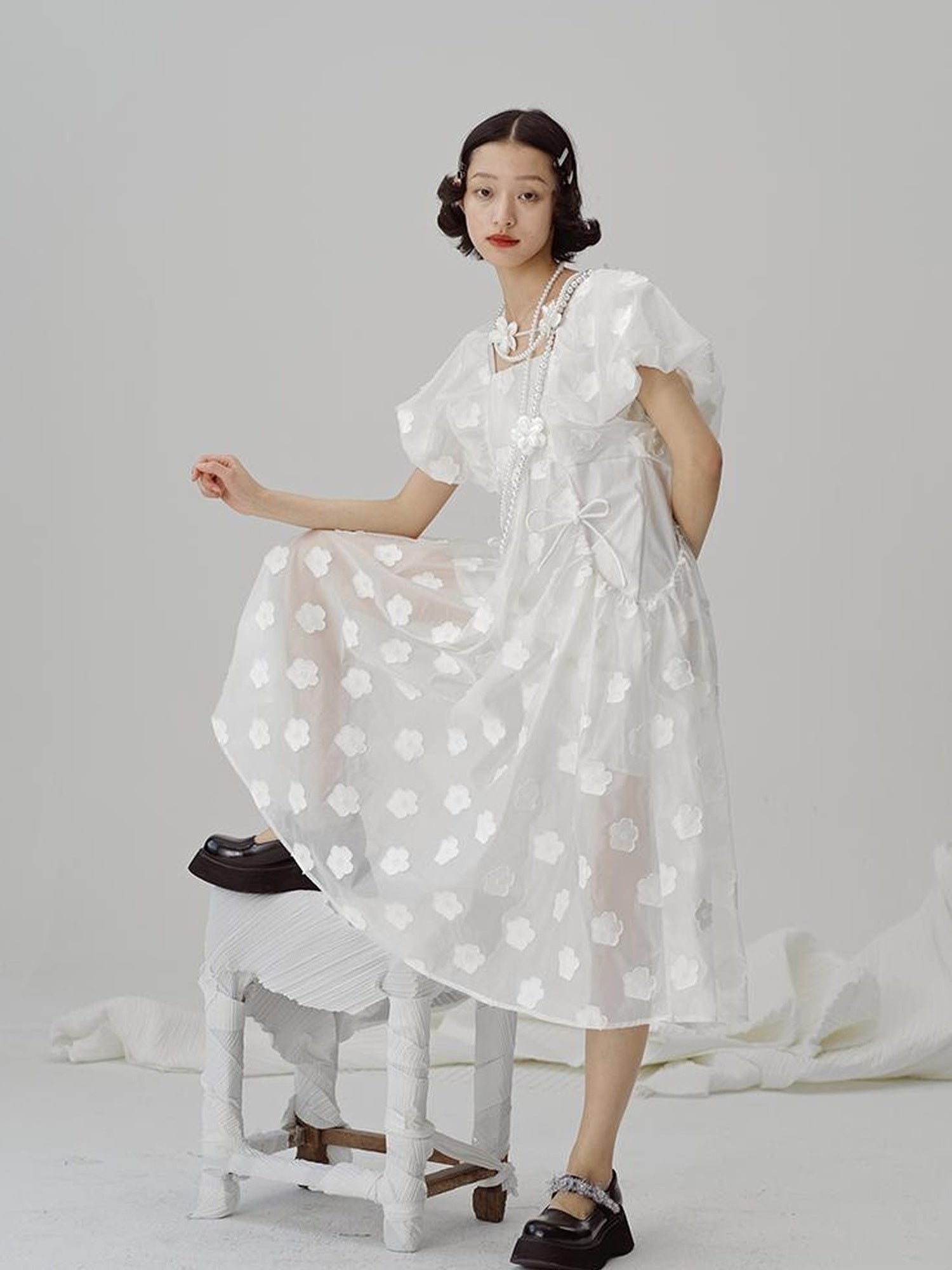 DIDDI MODA Puff Sleeve Smocked Jacquard Princess Maxi Dress