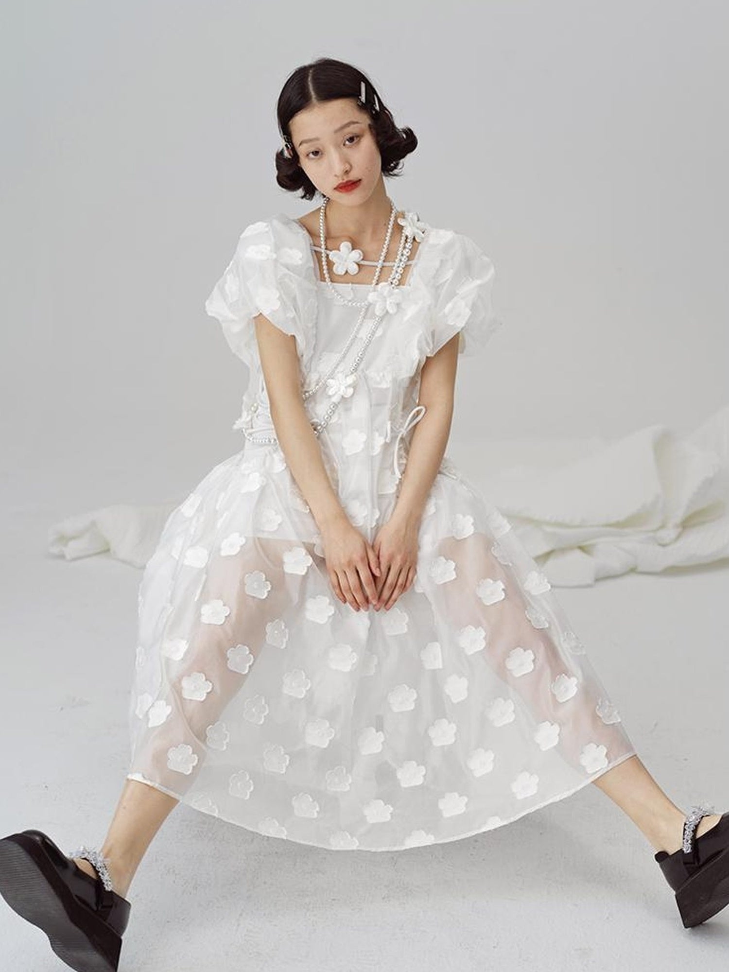 DIDDI MODA Puff Sleeve Smocked Jacquard Princess Maxi Dress