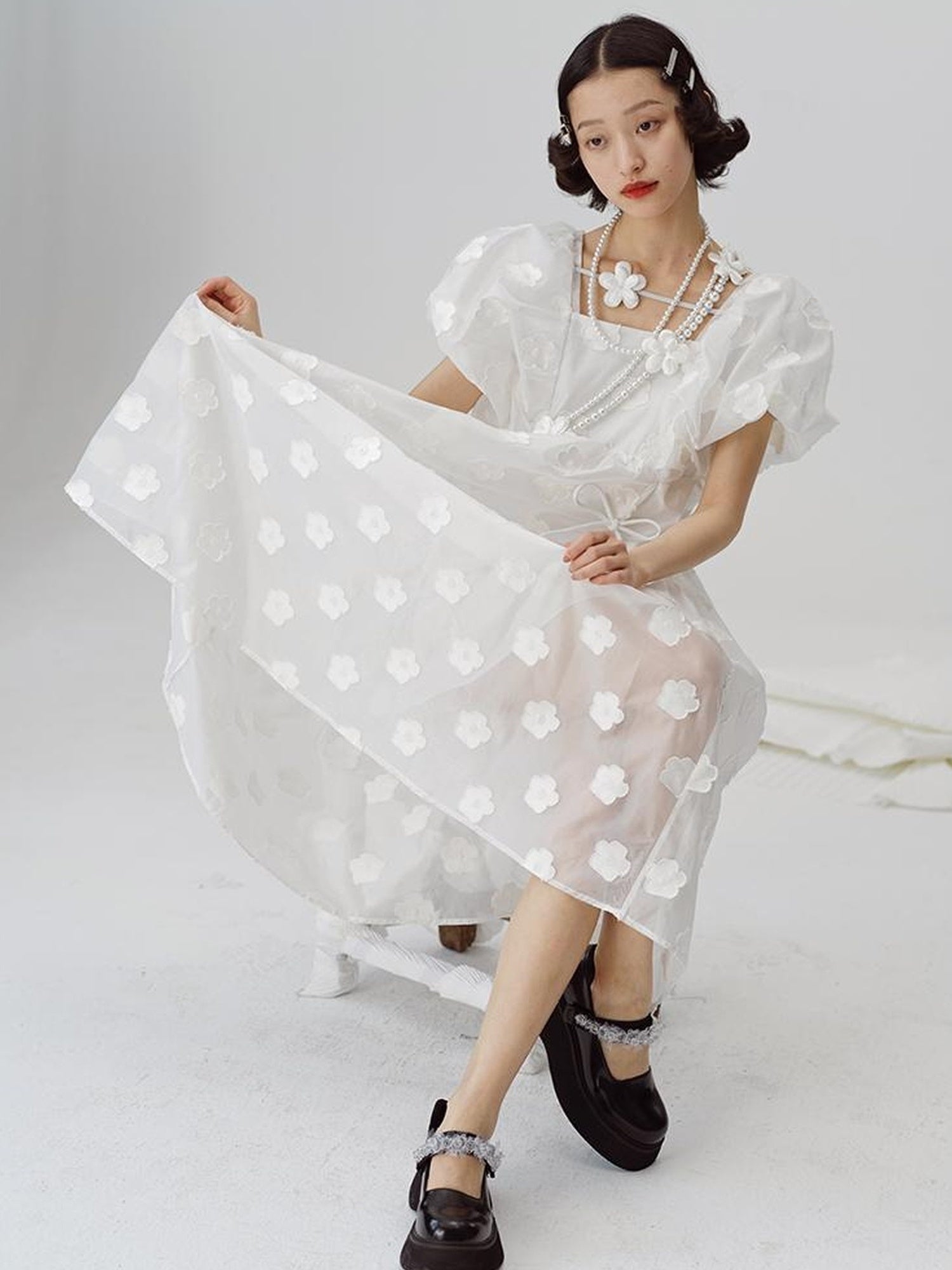 DIDDI MODA Puff Sleeve Smocked Jacquard Princess Maxi Dress