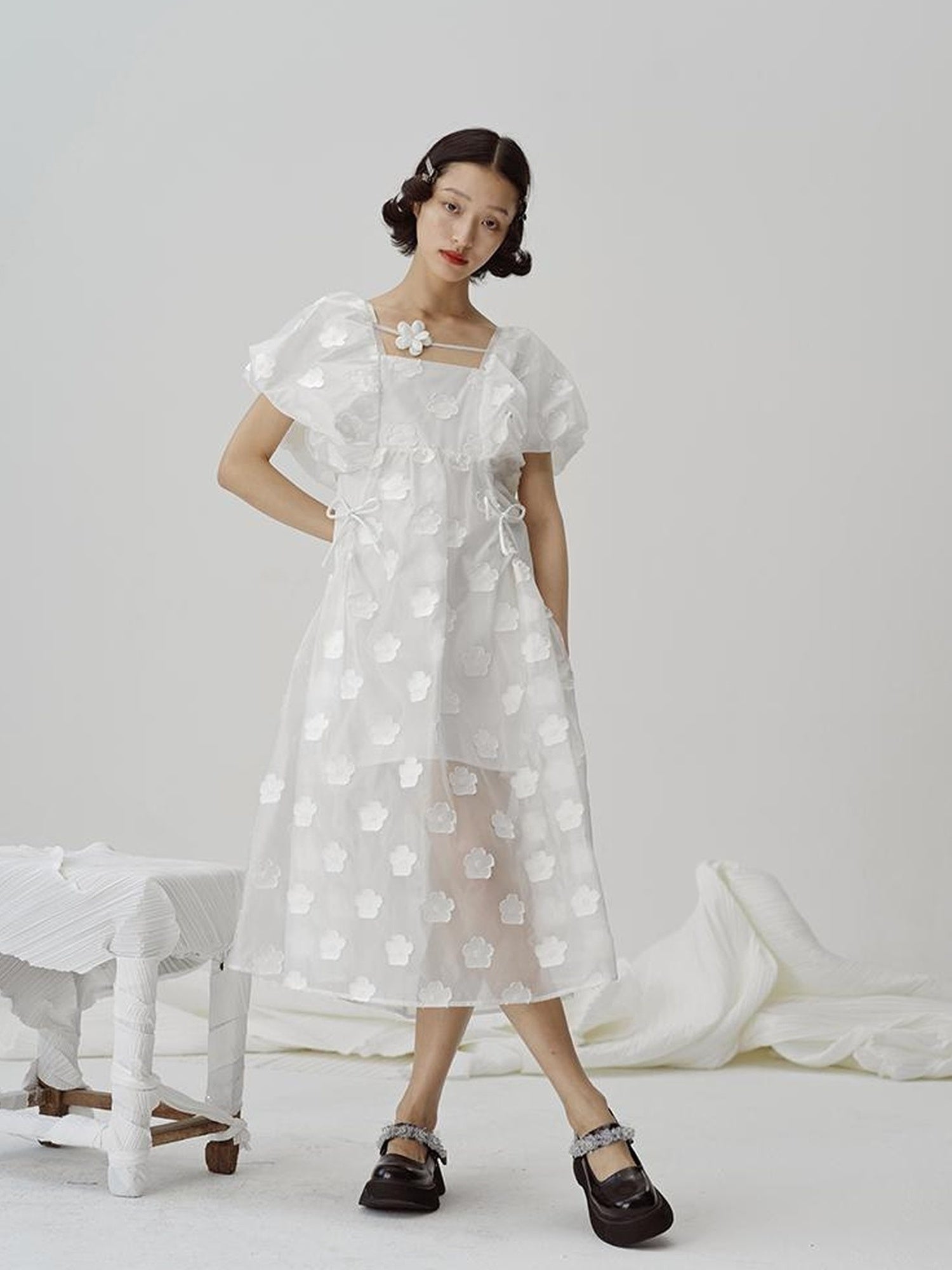 DIDDI MODA Puff Sleeve Smocked Jacquard Princess Maxi Dress