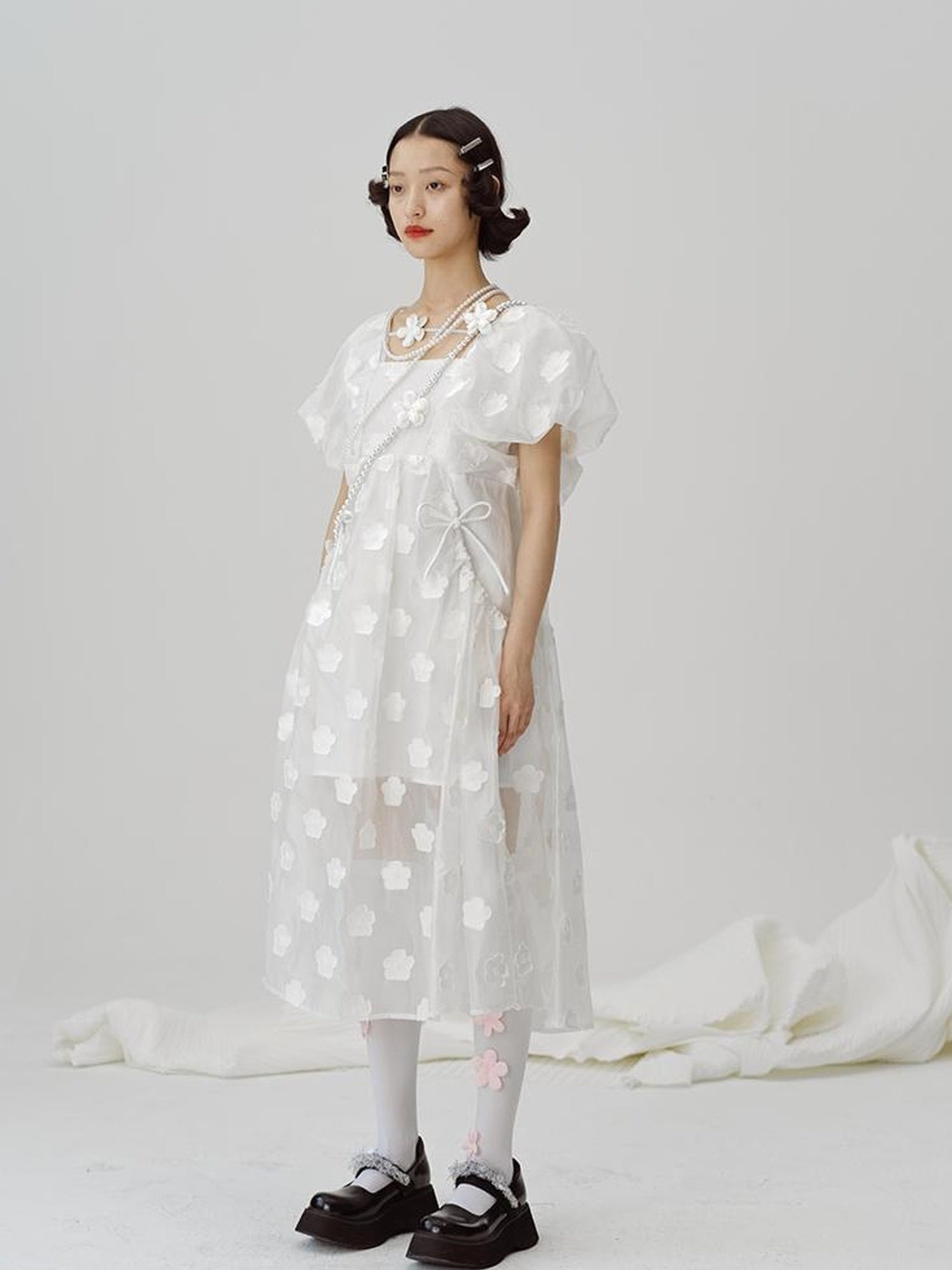 DIDDI MODA Puff Sleeve Smocked Jacquard Princess Maxi Dress