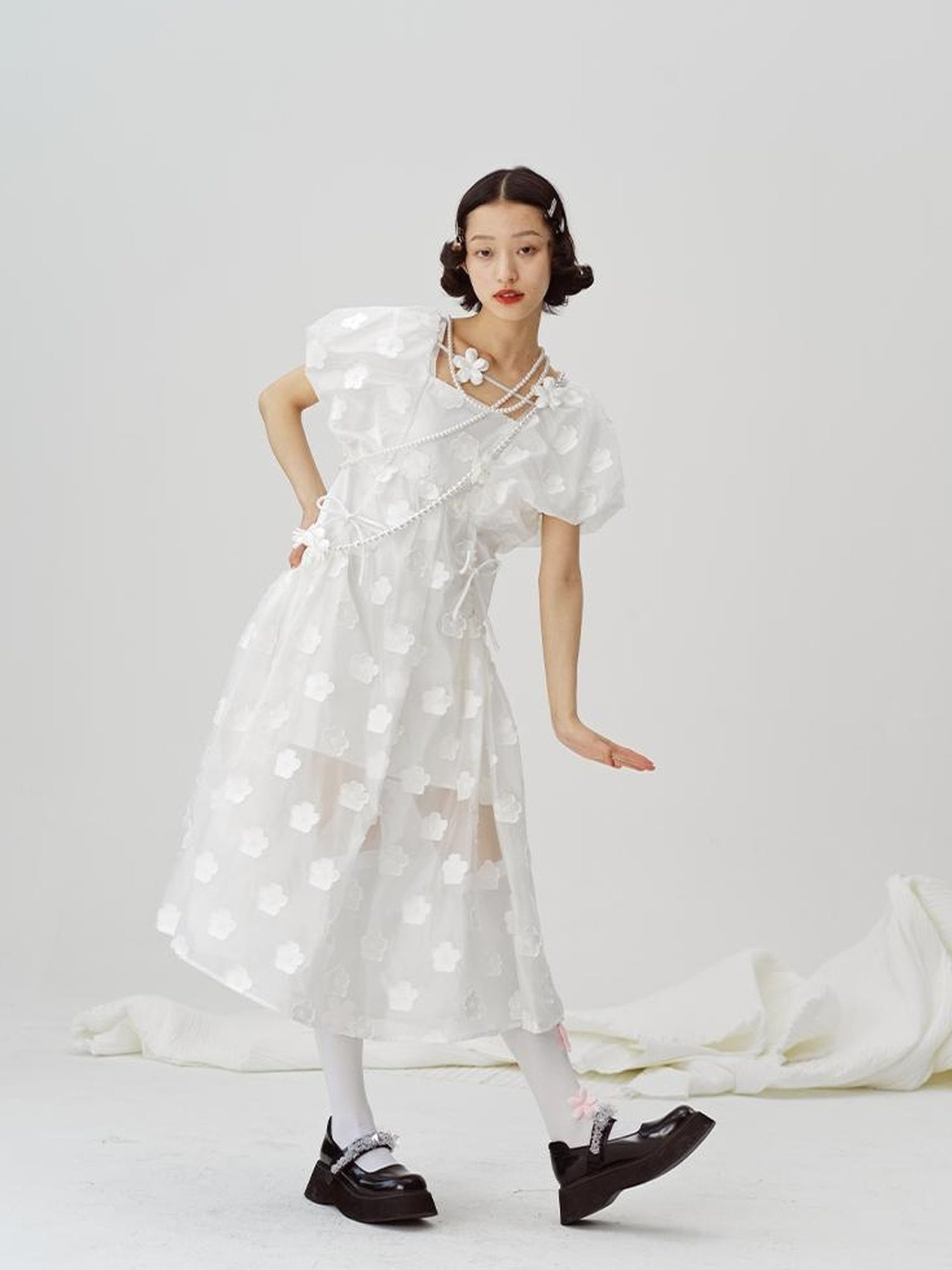 DIDDI MODA Puff Sleeve Smocked Jacquard Princess Maxi Dress