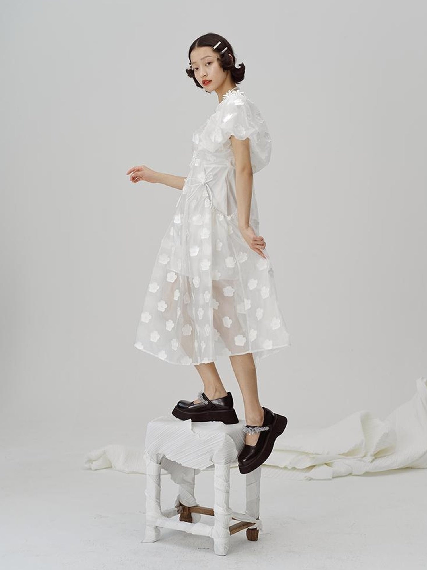 DIDDI MODA Puff Sleeve Smocked Jacquard Princess Maxi Dress