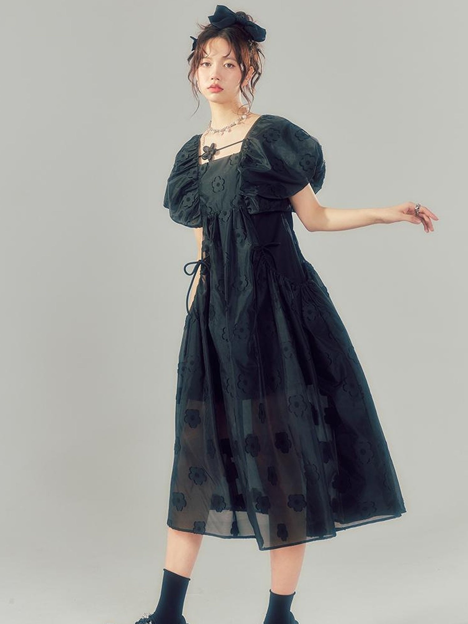 DIDDI MODA Puff Sleeve Smocked Jacquard Princess Maxi Dress