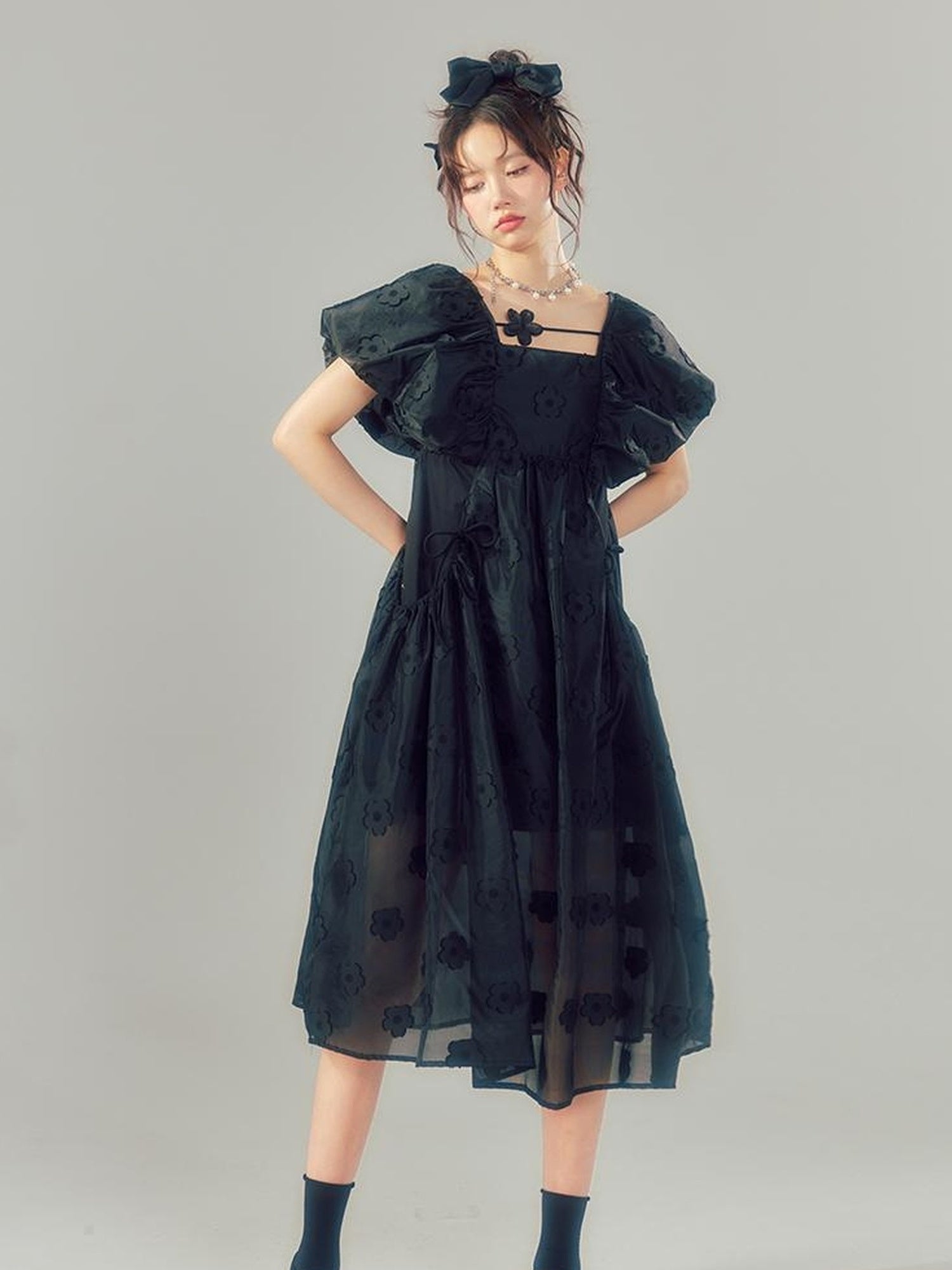 DIDDI MODA Puff Sleeve Smocked Jacquard Princess Maxi Dress