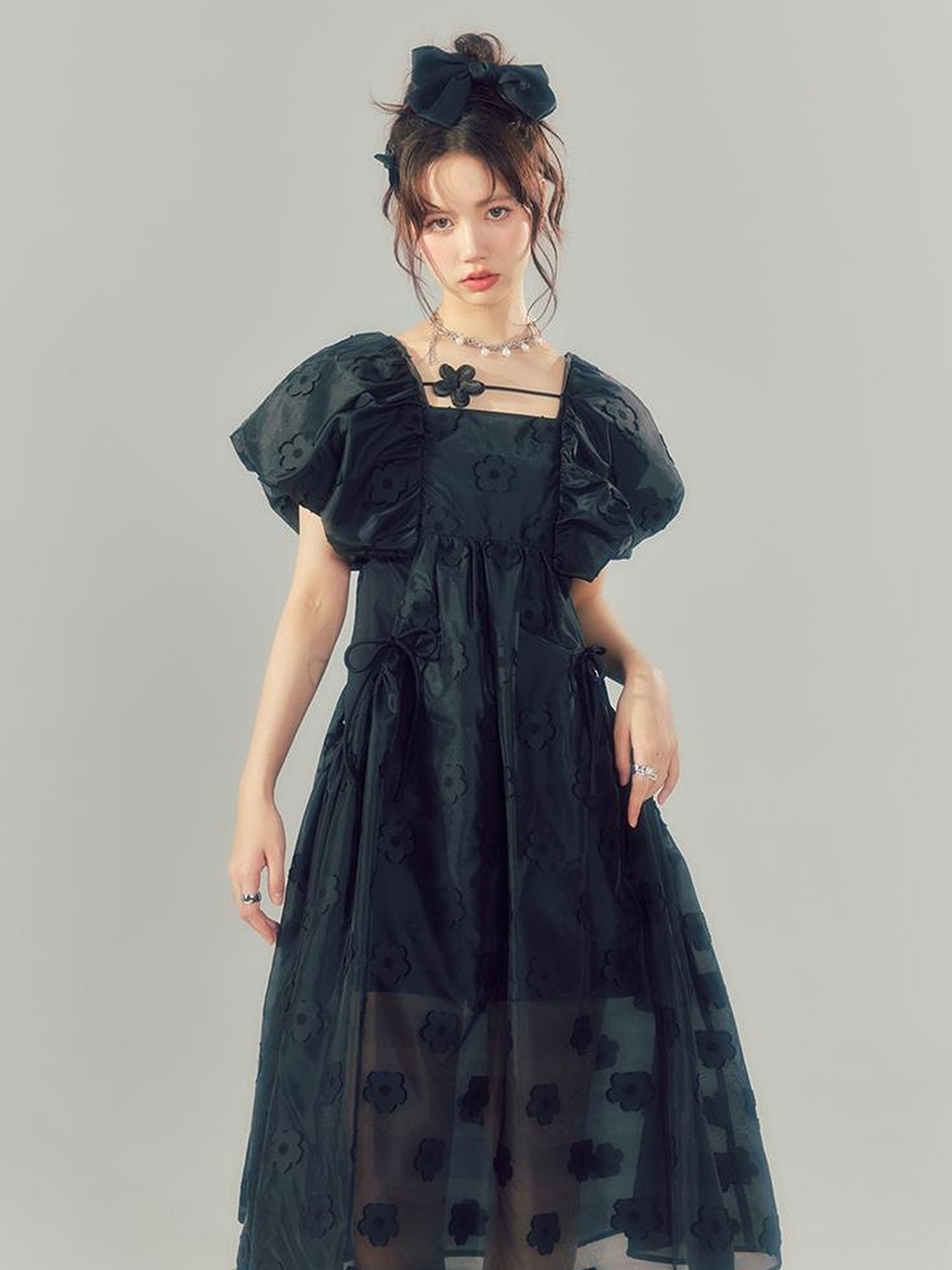 DIDDI MODA Puff Sleeve Smocked Jacquard Princess Maxi Dress