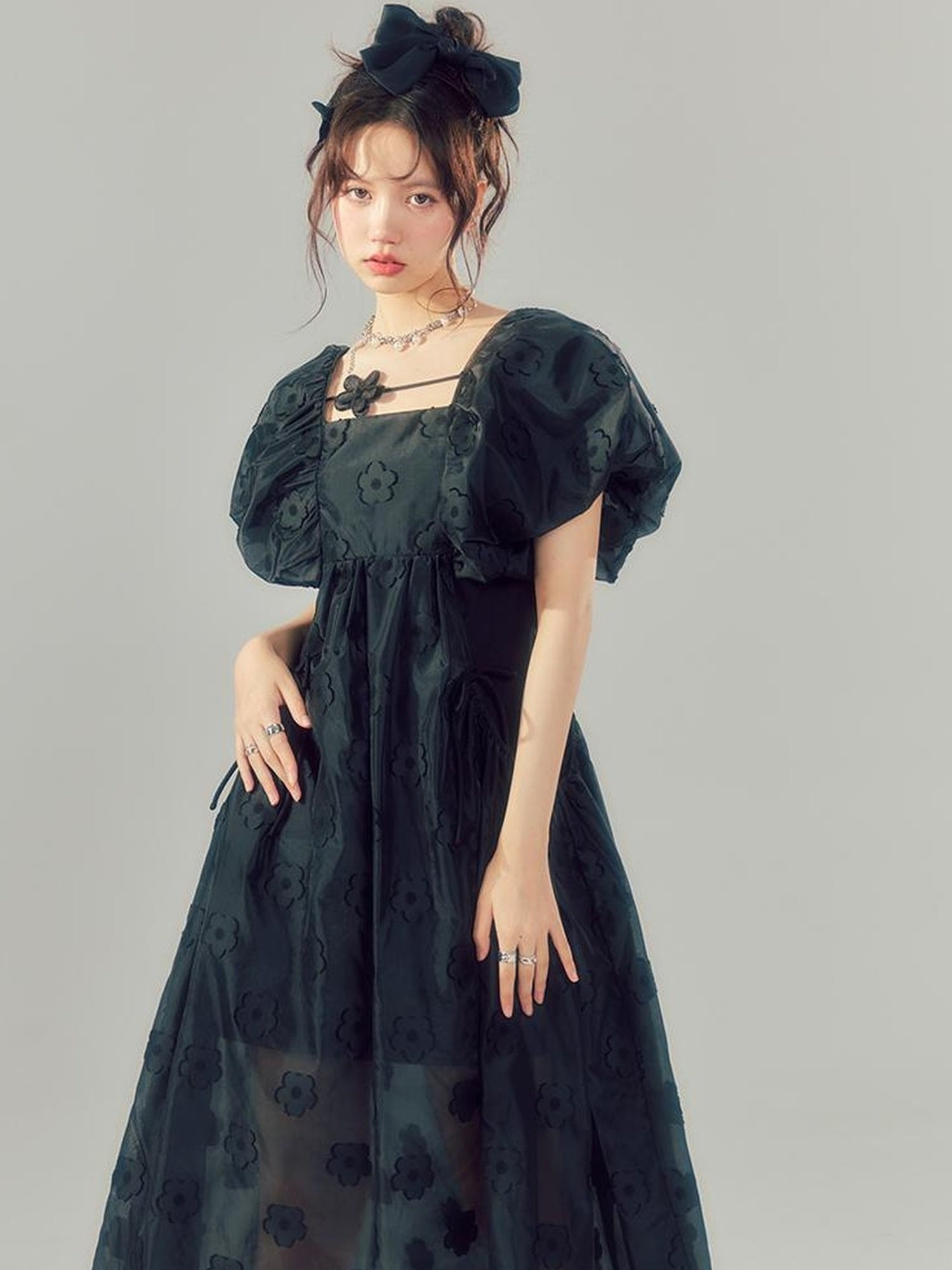 DIDDI MODA Puff Sleeve Smocked Jacquard Princess Maxi Dress