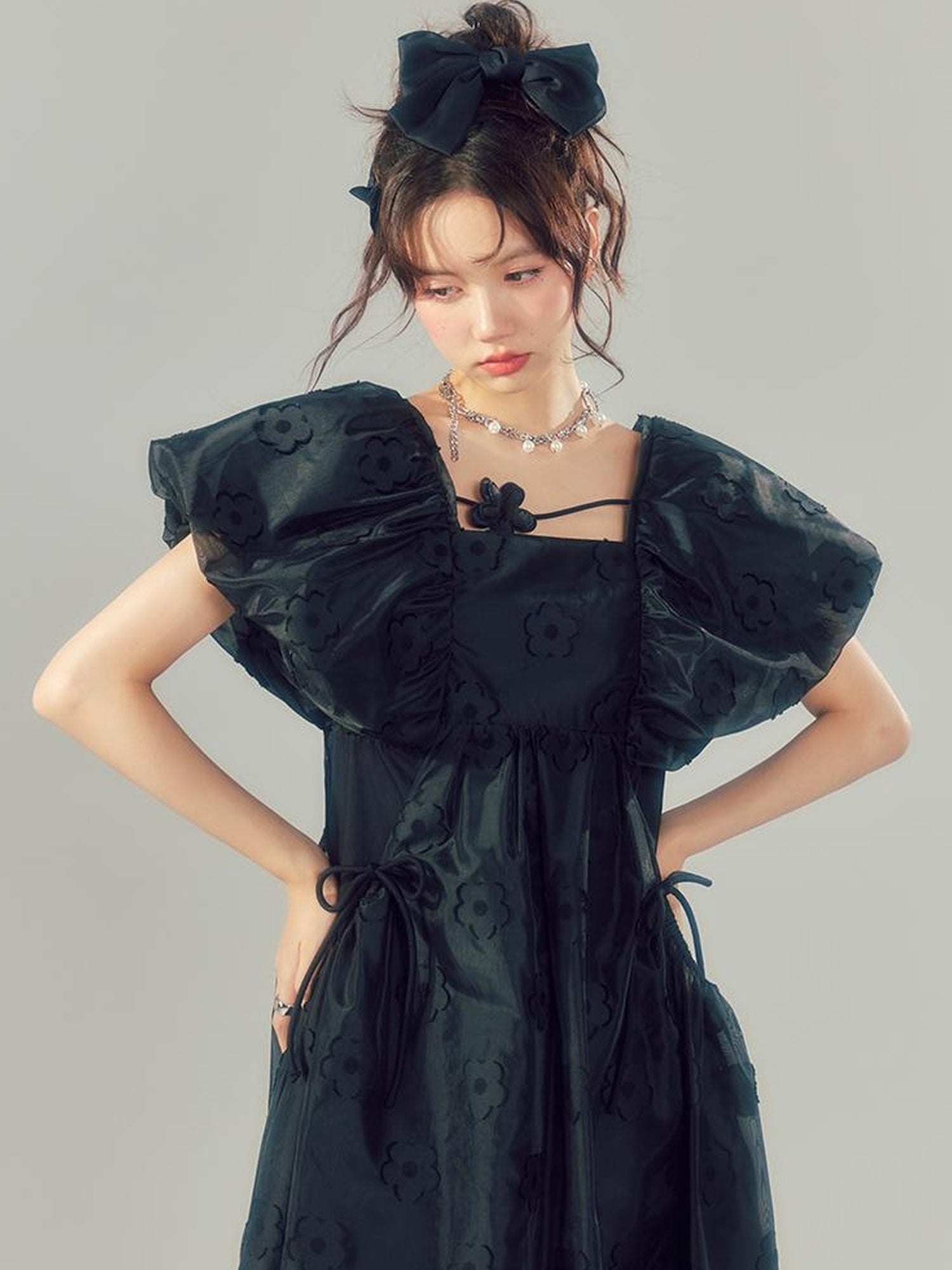 DIDDI MODA Puff Sleeve Smocked Jacquard Princess Maxi Dress