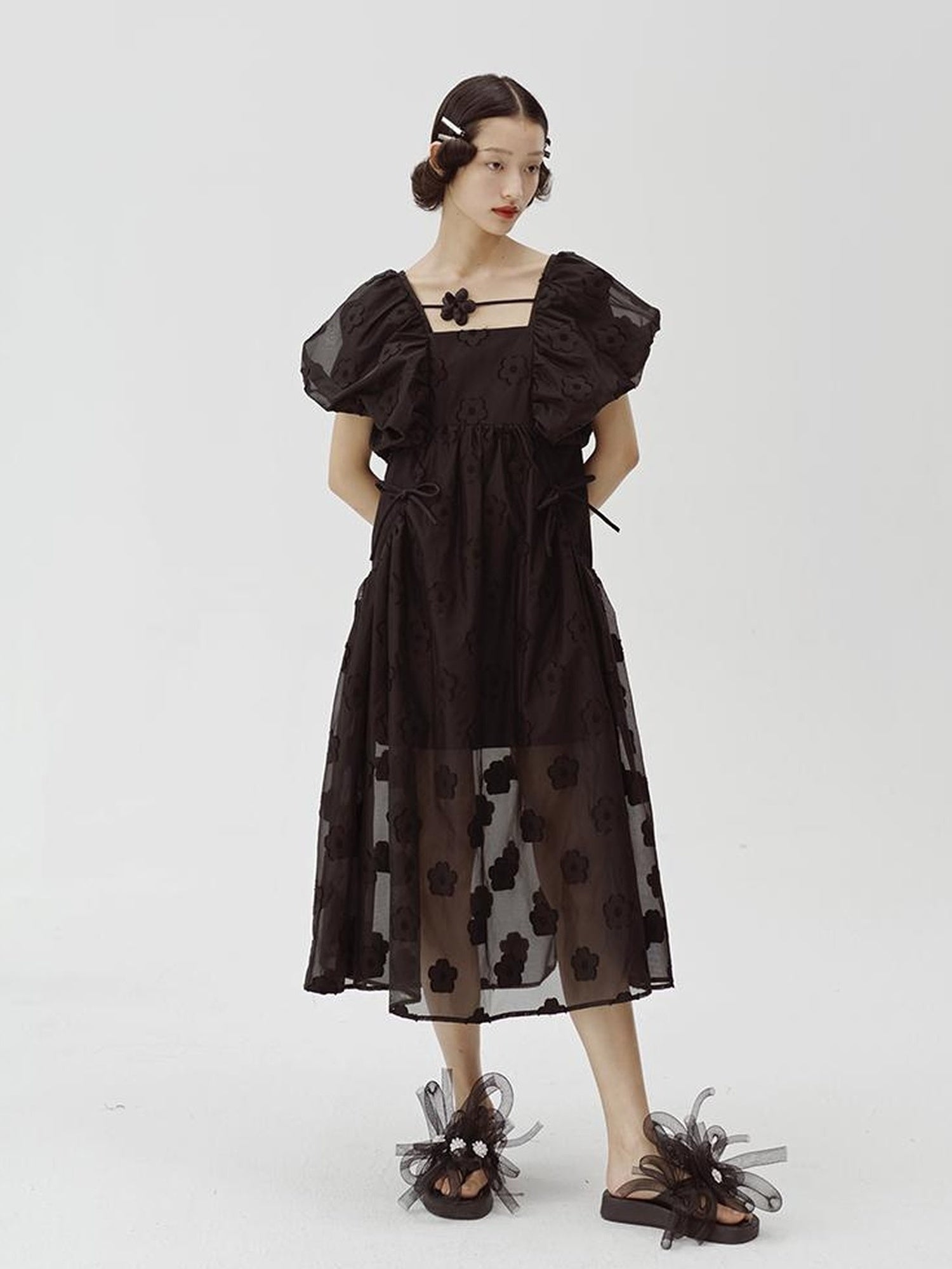 DIDDI MODA Puff Sleeve Smocked Jacquard Princess Maxi Dress