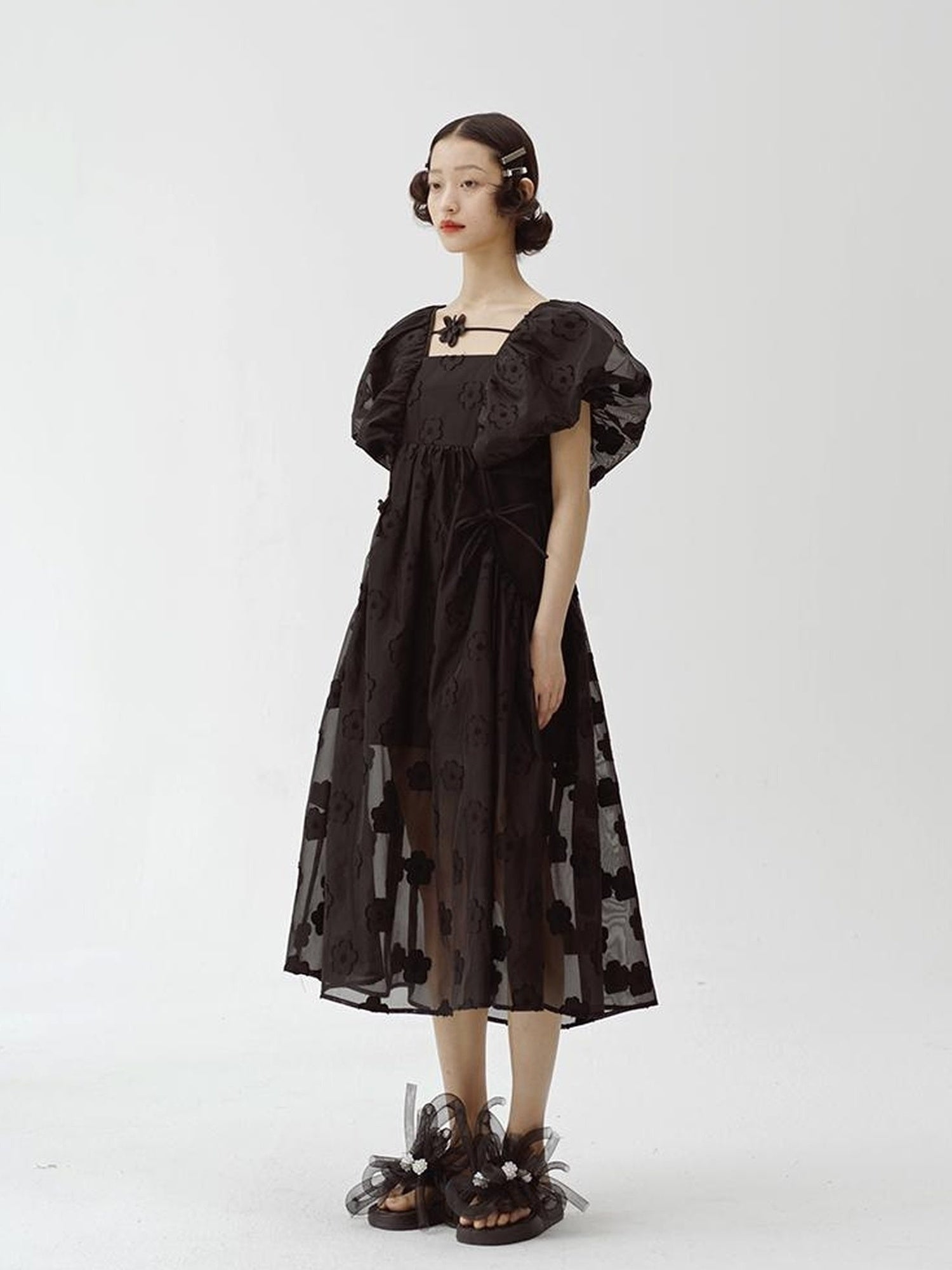 DIDDI MODA Puff Sleeve Smocked Jacquard Princess Maxi Dress