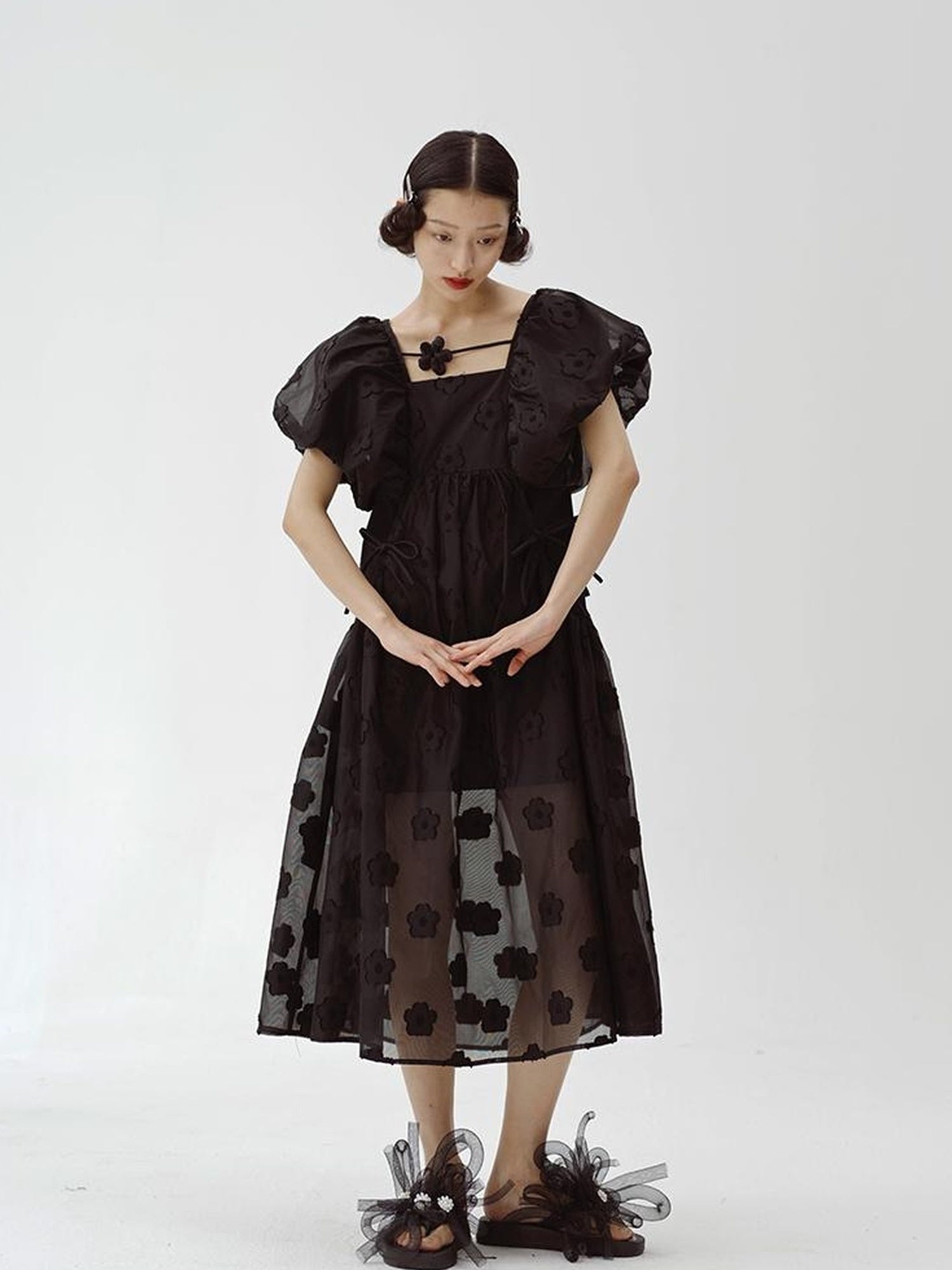 DIDDI MODA Puff Sleeve Smocked Jacquard Princess Maxi Dress