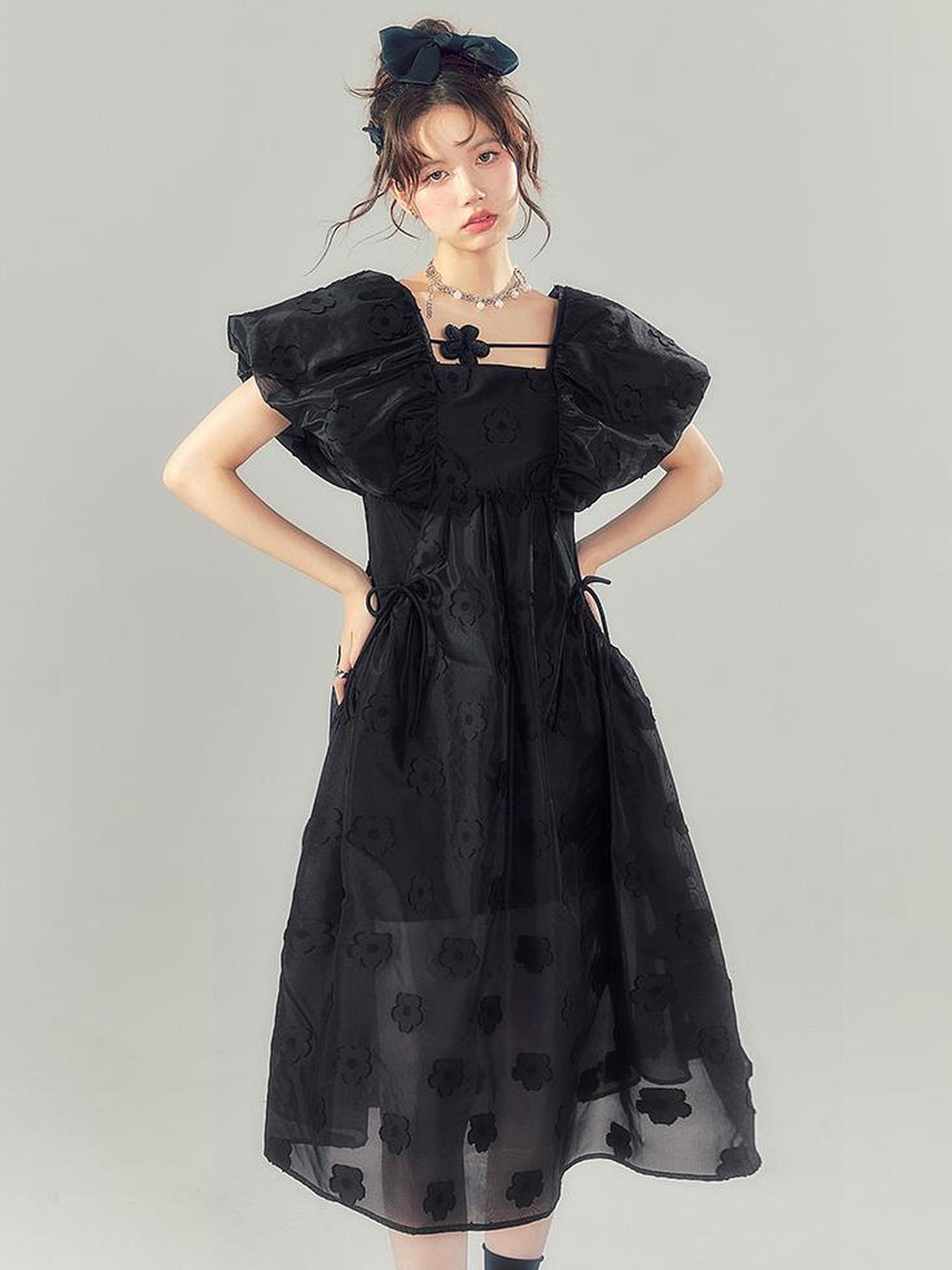 DIDDI MODA Puff Sleeve Smocked Jacquard Princess Maxi Dress