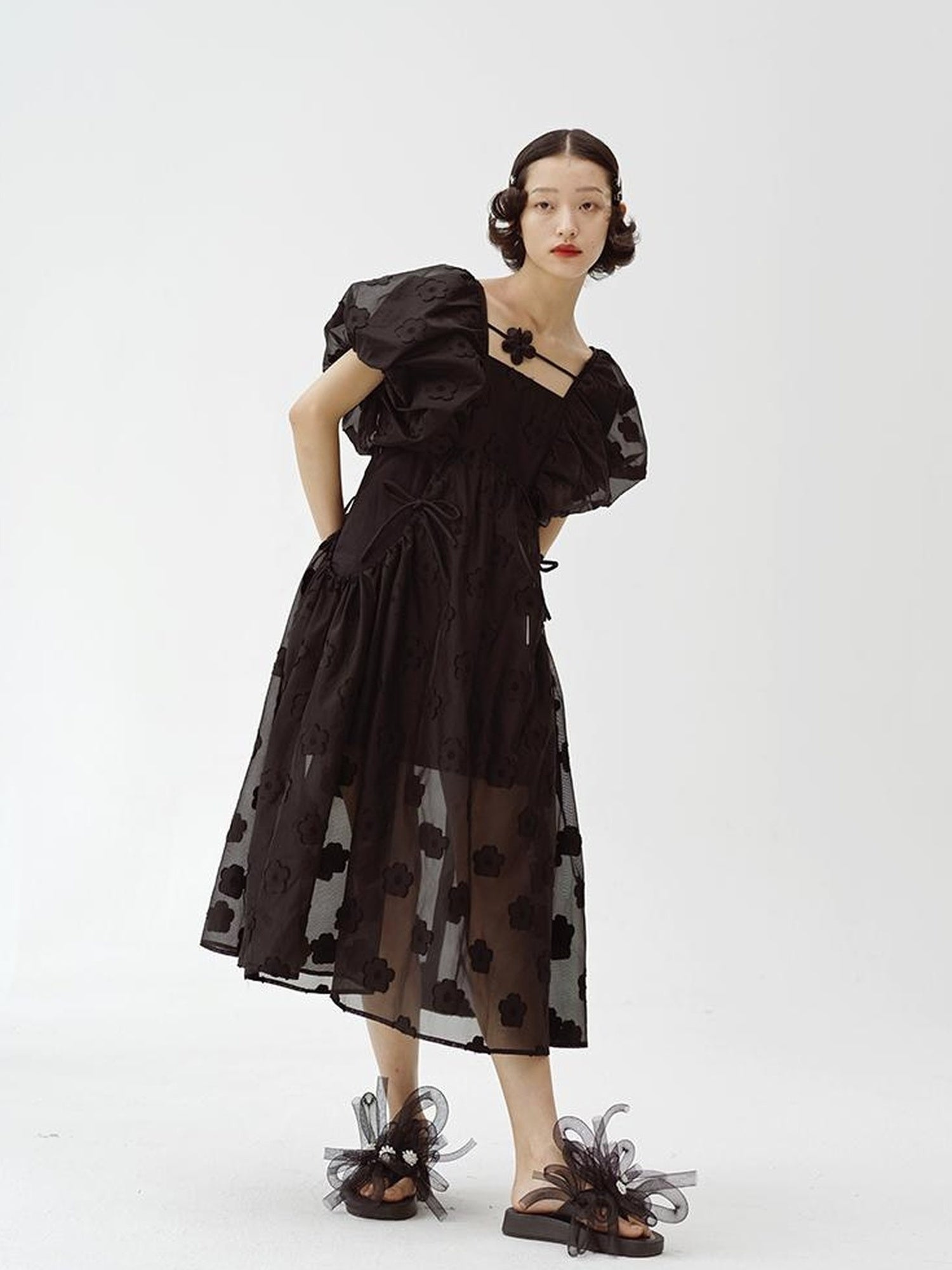 DIDDI MODA Puff Sleeve Smocked Jacquard Princess Maxi Dress