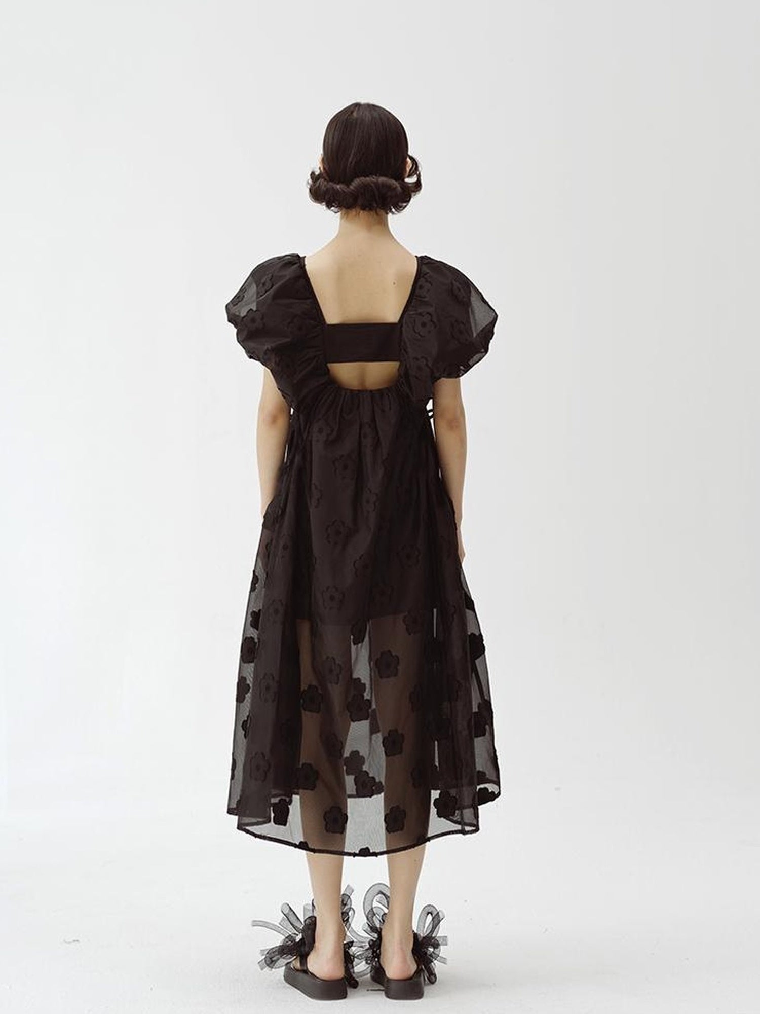 DIDDI MODA Puff Sleeve Smocked Jacquard Princess Maxi Dress