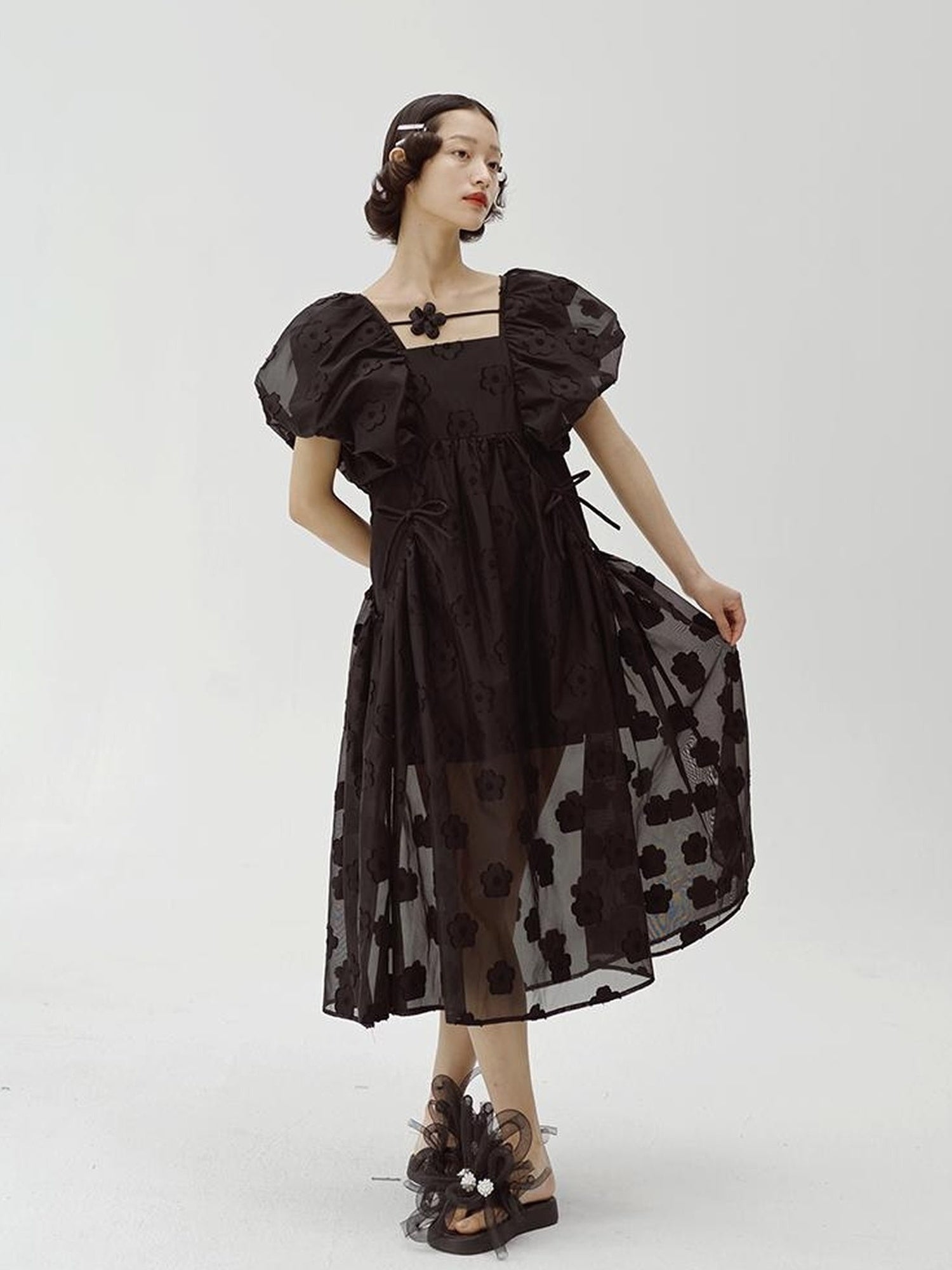 DIDDI MODA Puff Sleeve Smocked Jacquard Princess Maxi Dress