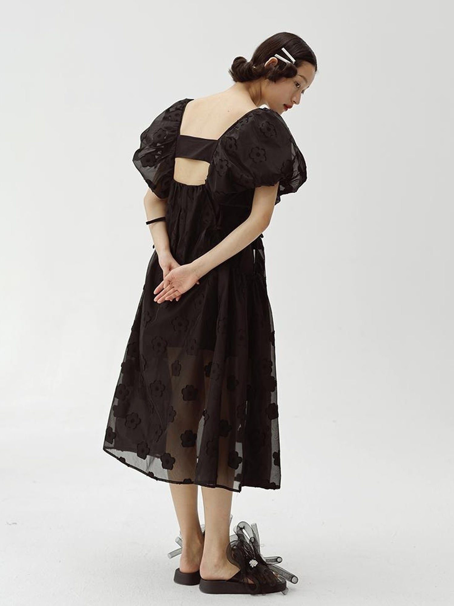 DIDDI MODA Puff Sleeve Smocked Jacquard Princess Maxi Dress