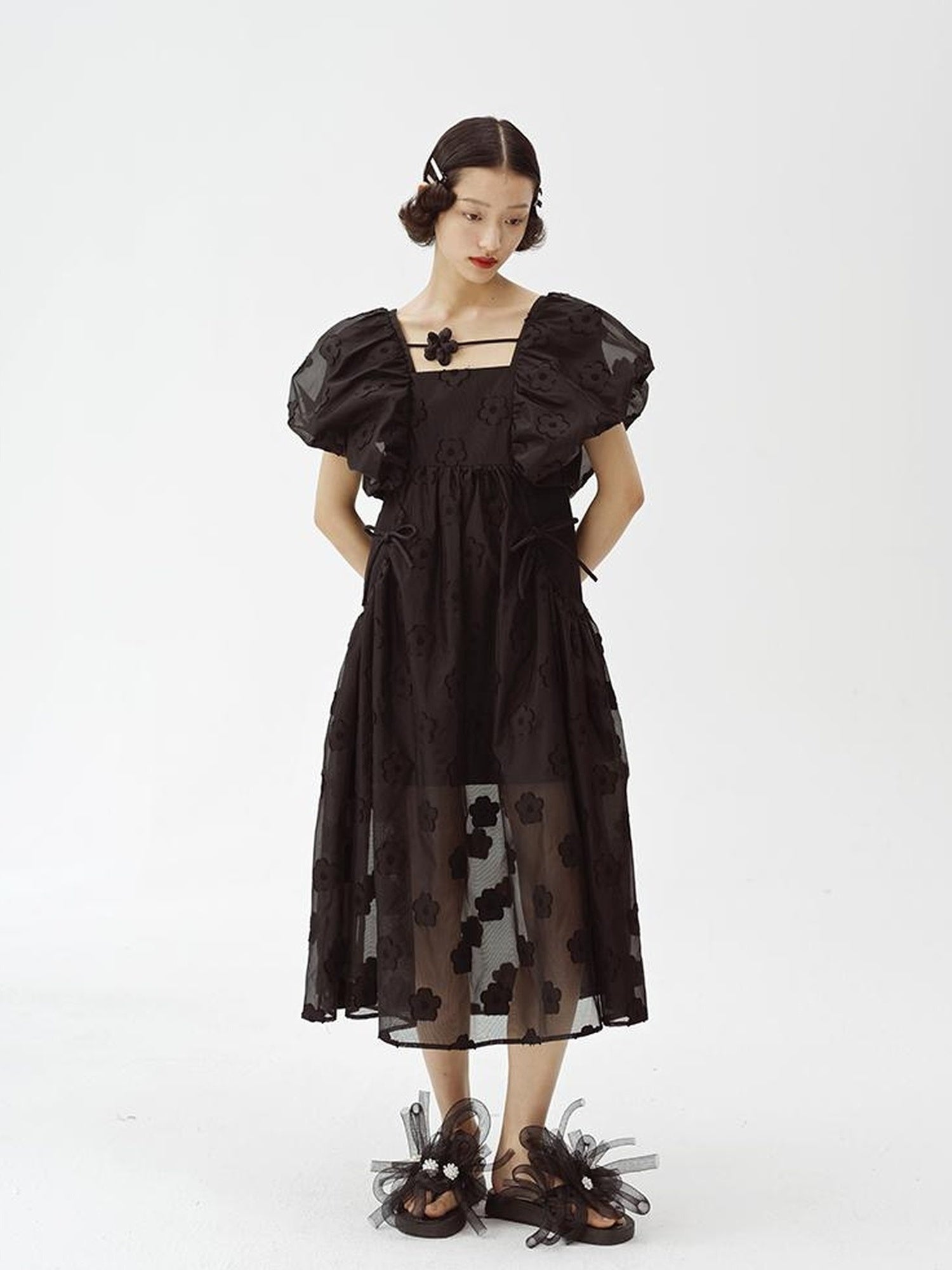 DIDDI MODA Puff Sleeve Smocked Jacquard Princess Maxi Dress