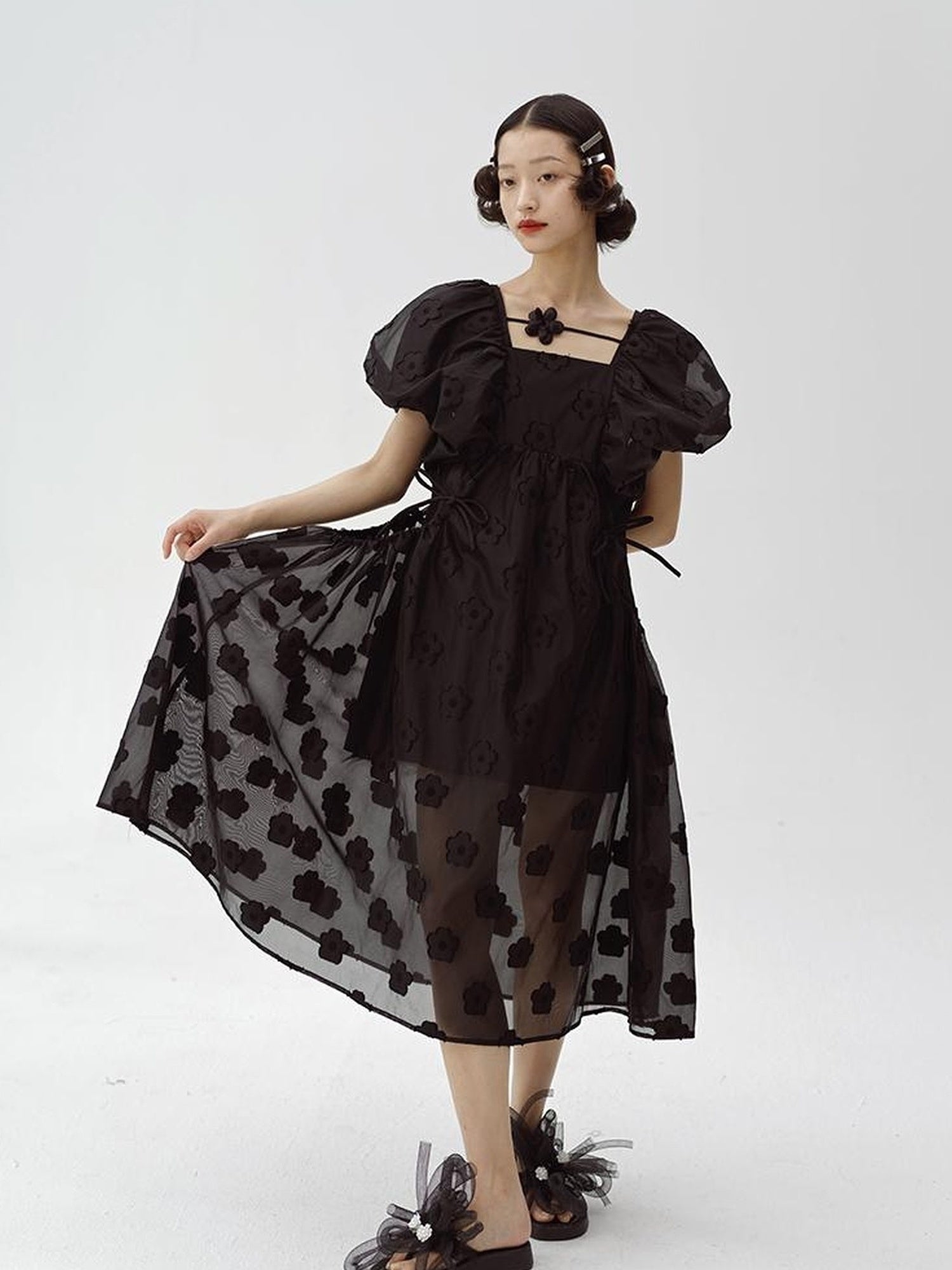 DIDDI MODA Puff Sleeve Smocked Jacquard Princess Maxi Dress