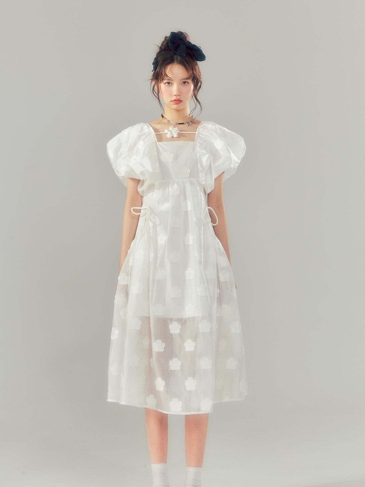 DIDDI MODA Puff Sleeve Smocked Jacquard Princess Maxi Dress