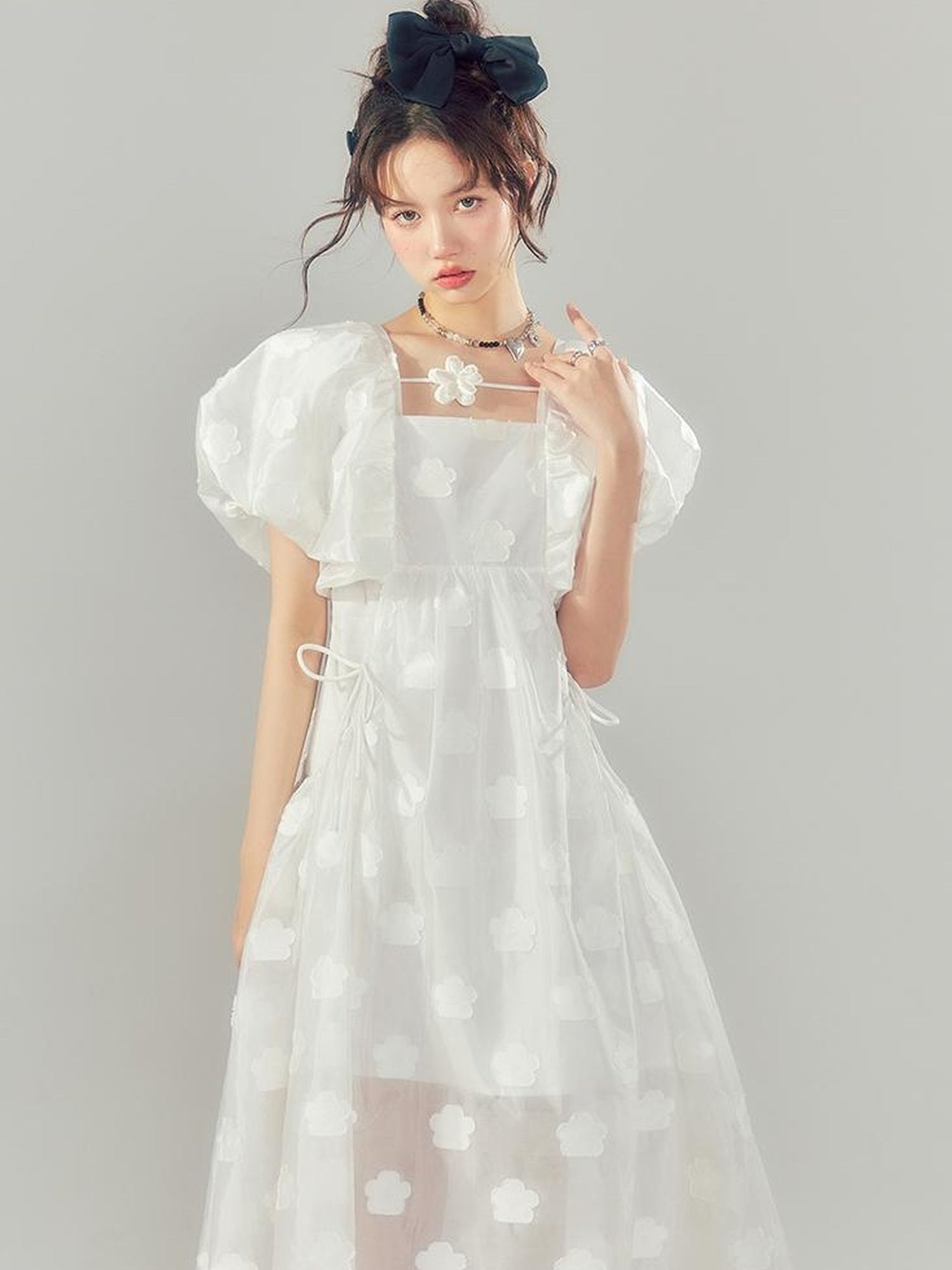 DIDDI MODA Puff Sleeve Smocked Jacquard Princess Maxi Dress