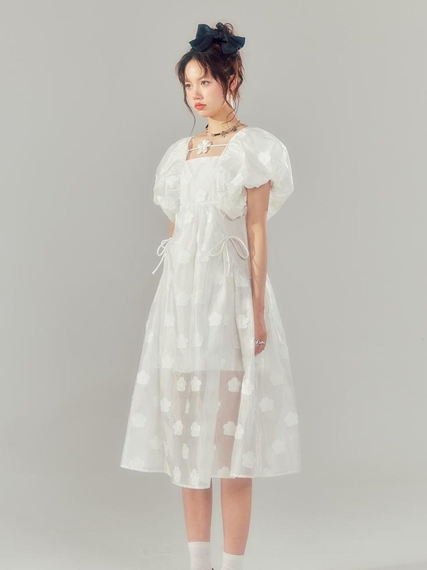 DIDDI MODA Puff Sleeve Smocked Jacquard Princess Maxi Dress