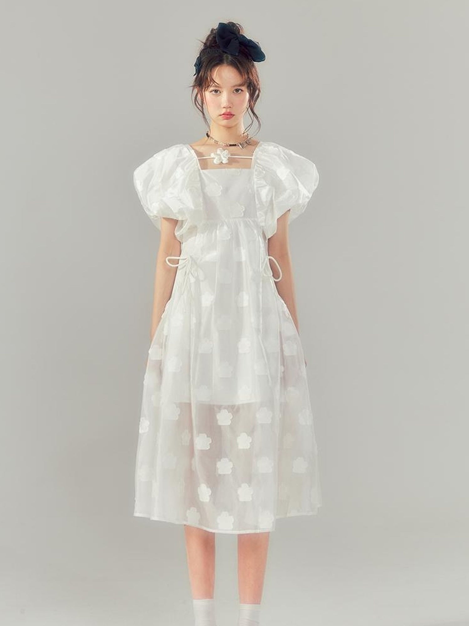 DIDDI MODA Puff Sleeve Smocked Jacquard Princess Maxi Dress