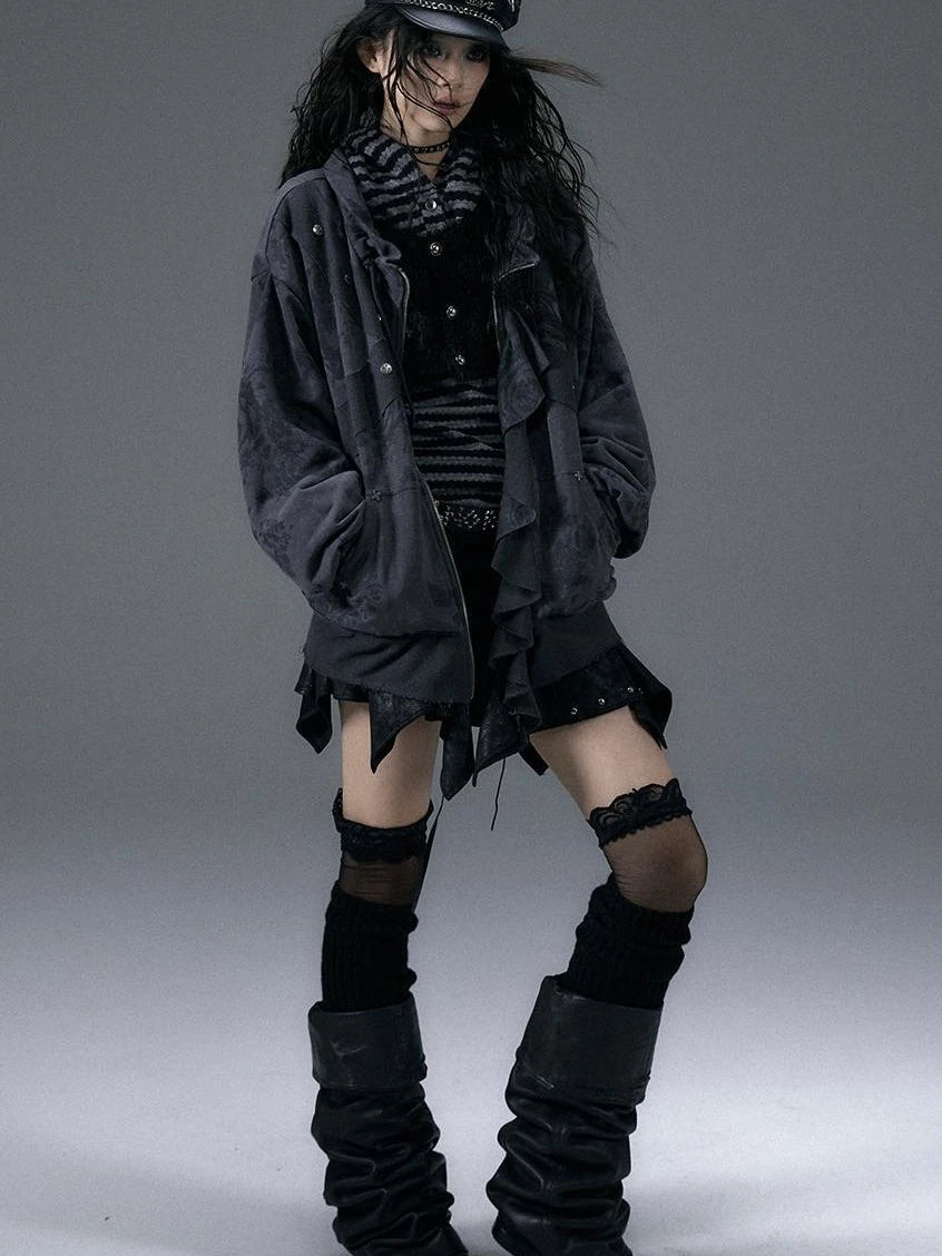 Punk Aesthetic Loose Fleece Peplum Hoodie Coat