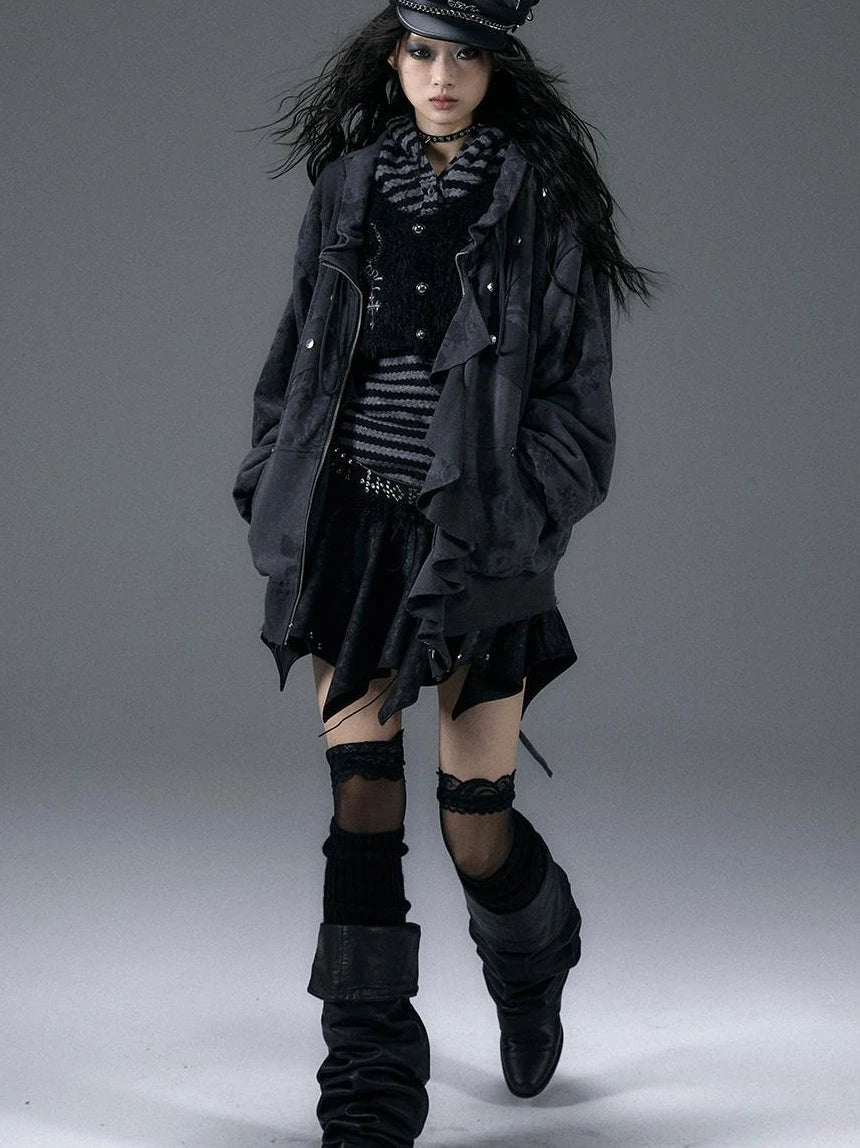 Punk Aesthetic Loose Fleece Peplum Hoodie Coat