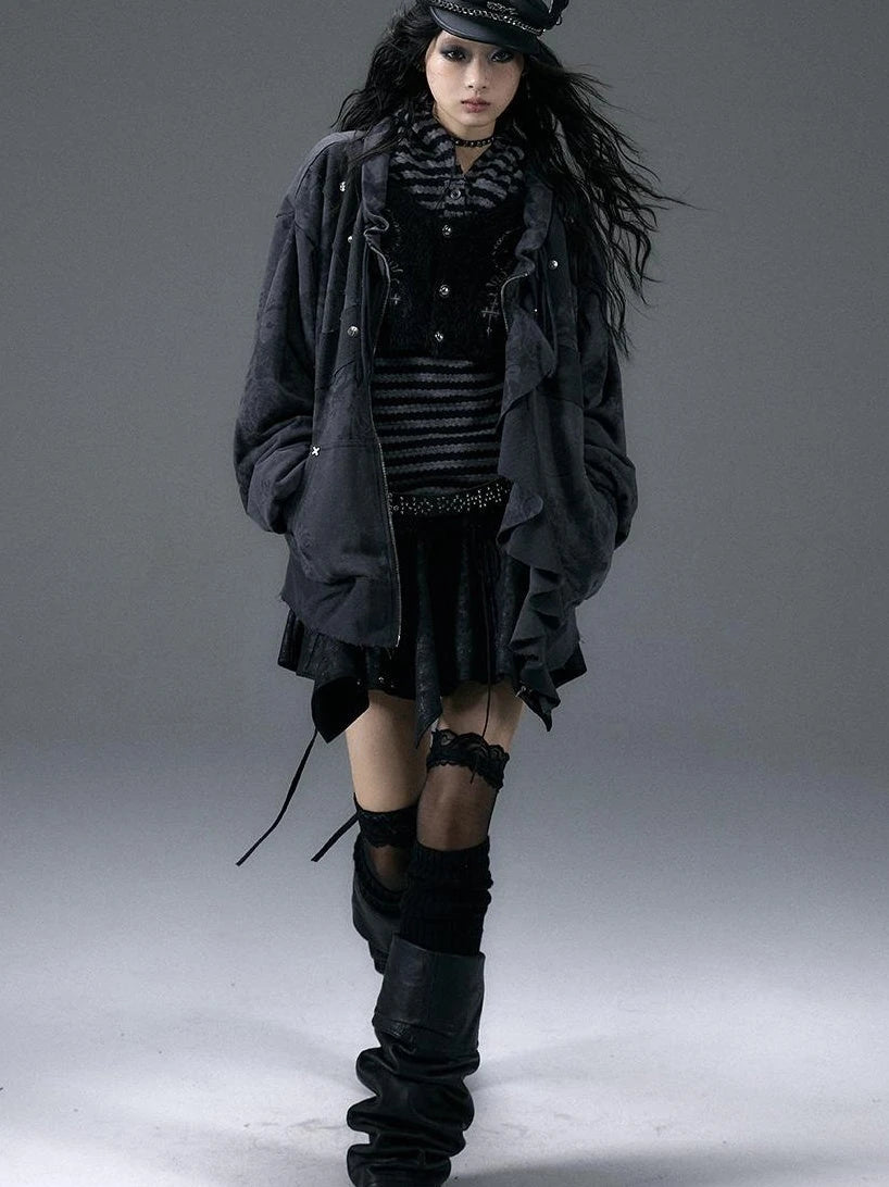 Punk Aesthetic Loose Fleece Peplum Hoodie Coat