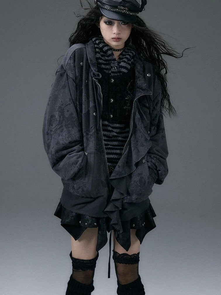 Punk Aesthetic Loose Fleece Peplum Hoodie Coat