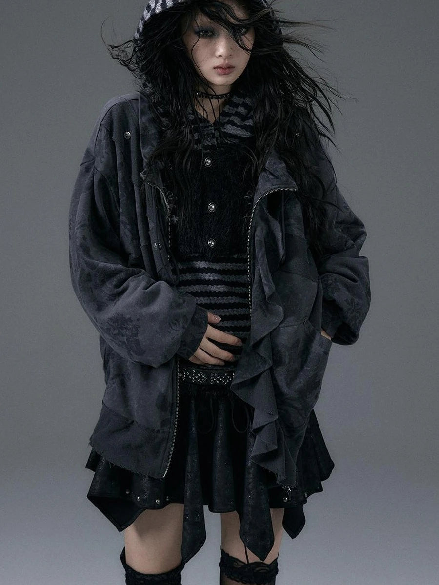 Punk Aesthetic Loose Fleece Peplum Hoodie Coat