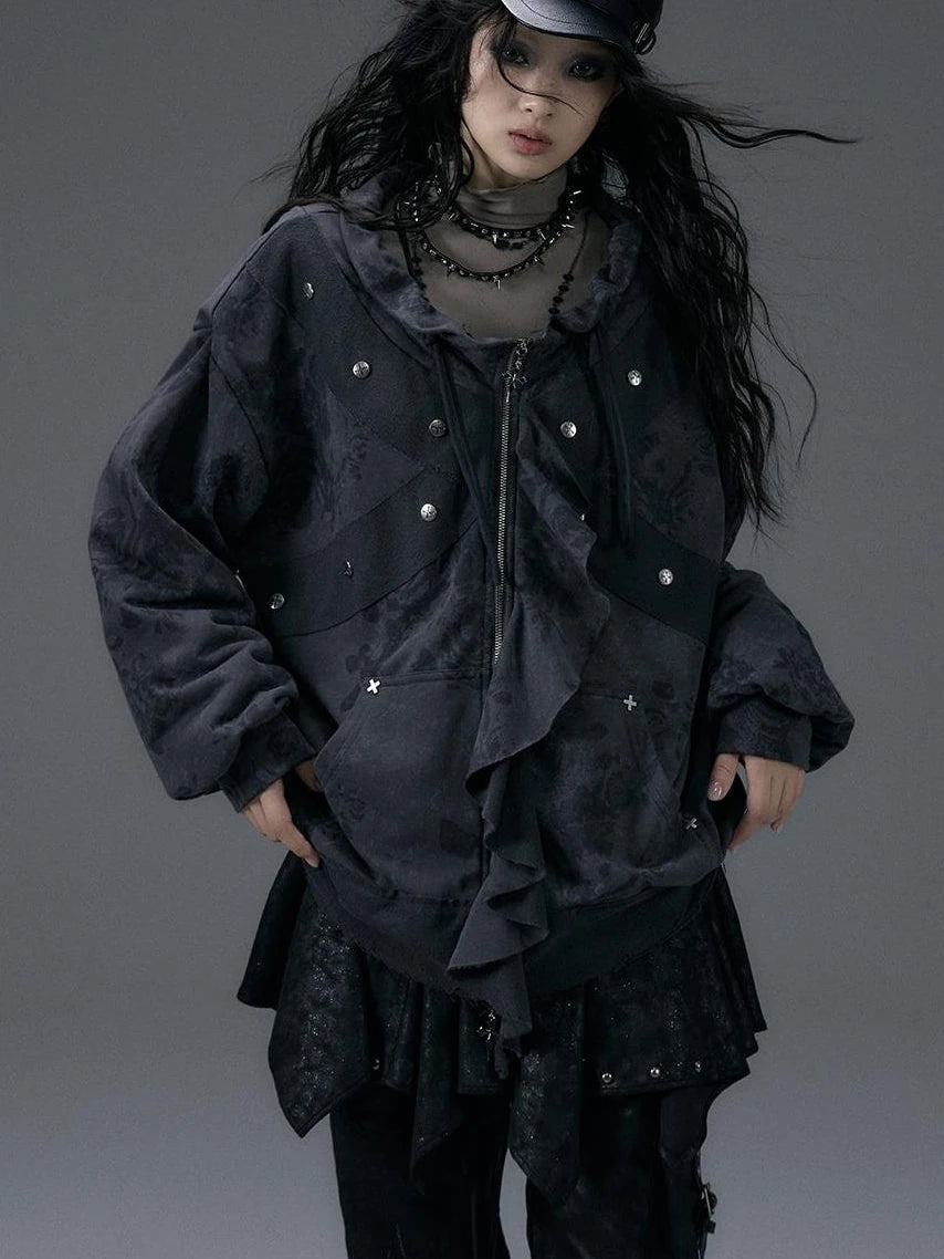 Punk Aesthetic Loose Fleece Peplum Hoodie Coat