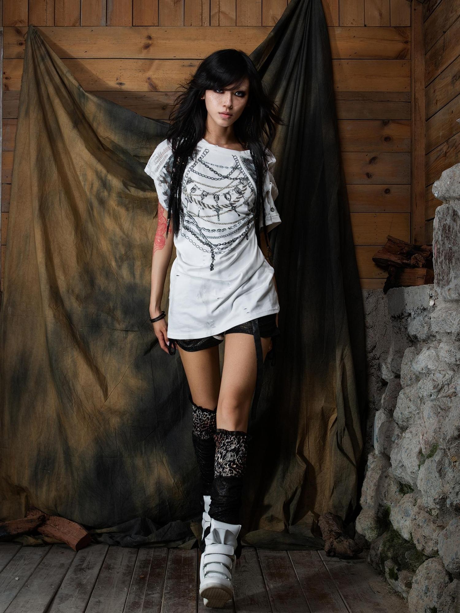 ARIADNAw Punk Asymmetric Two Layer Vintage Tee With Poetry Print