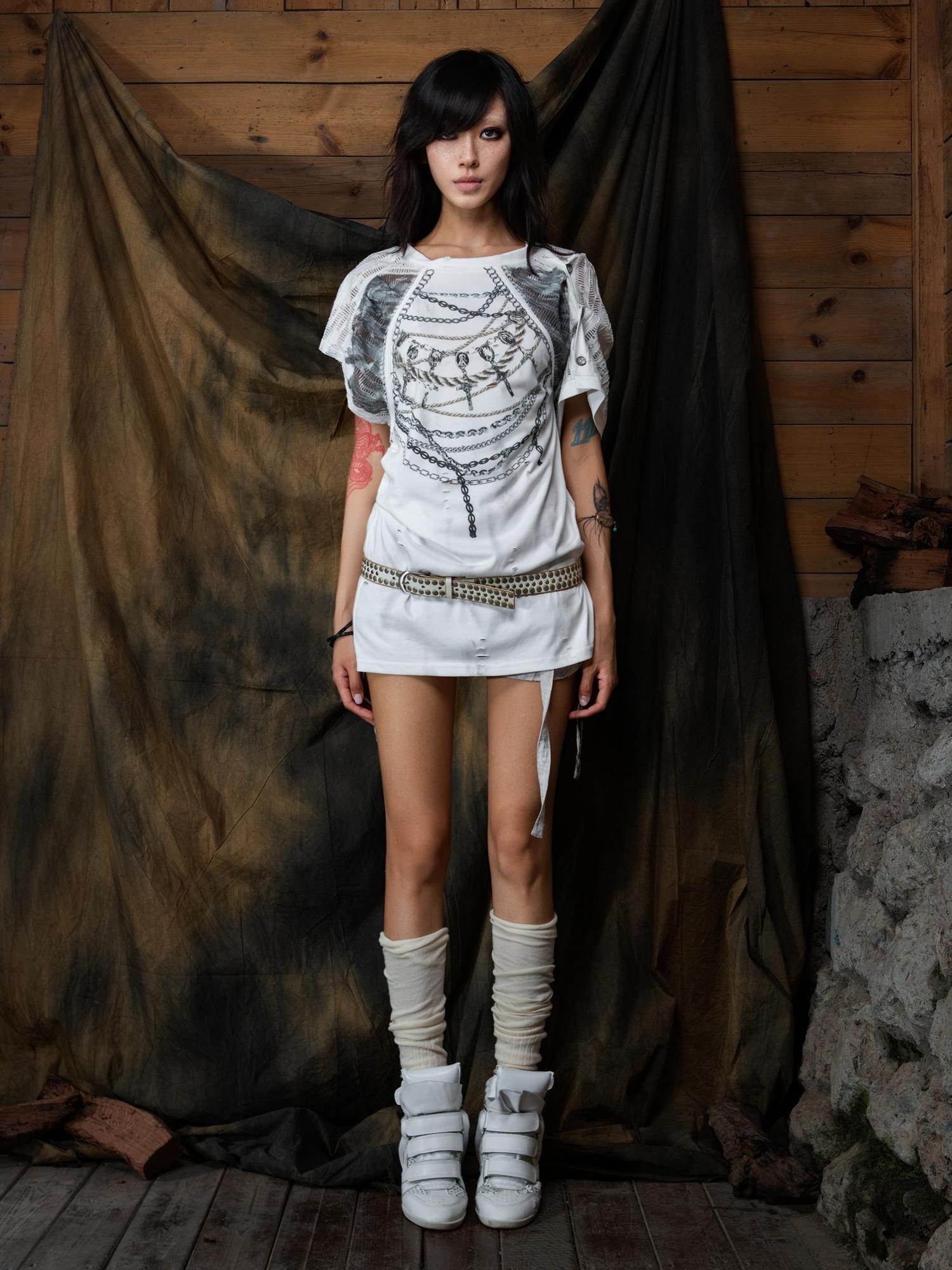 ARIADNAw Punk Asymmetric Two Layer Vintage Tee With Poetry Print
