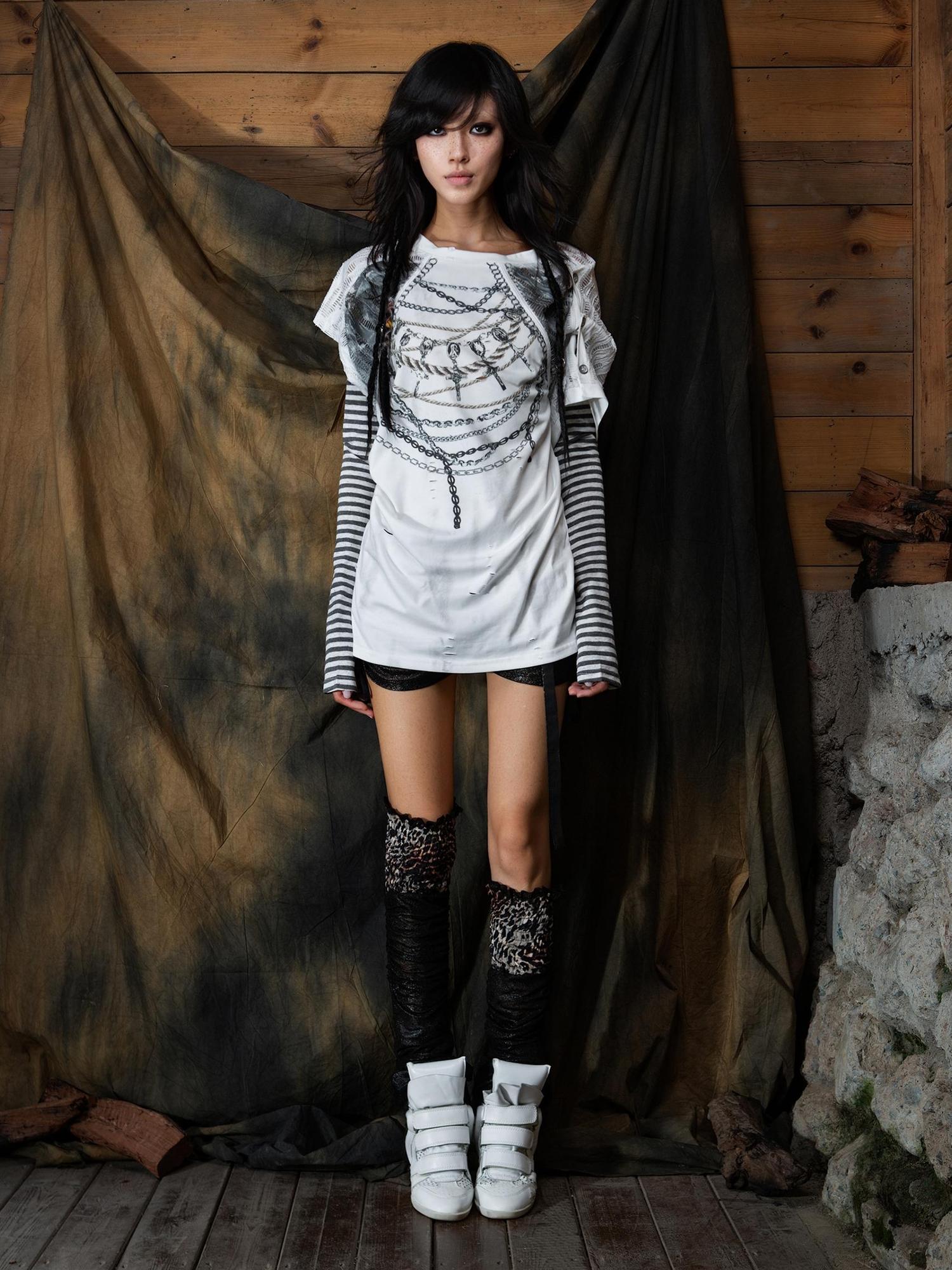 ARIADNAw Punk Asymmetric Two Layer Vintage Tee With Poetry Print