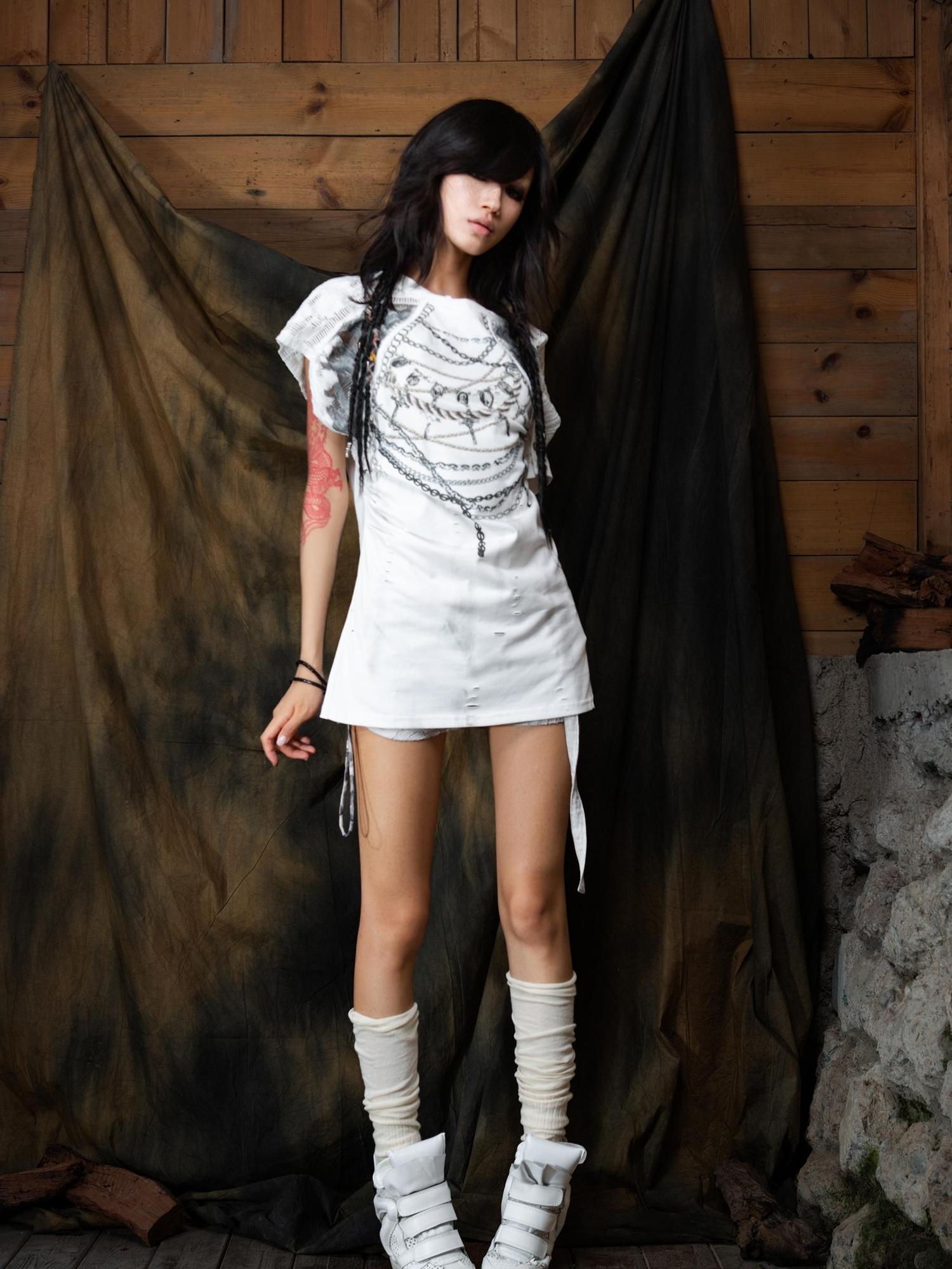 ARIADNAw Punk Asymmetric Two Layer Vintage Tee With Poetry Print