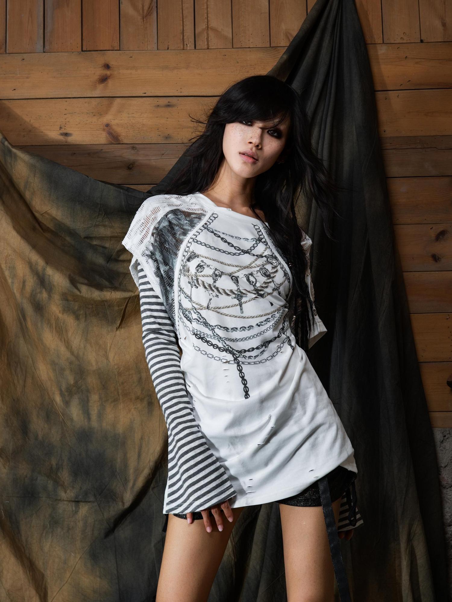 ARIADNAw Punk Asymmetric Two Layer Vintage Tee With Poetry Print