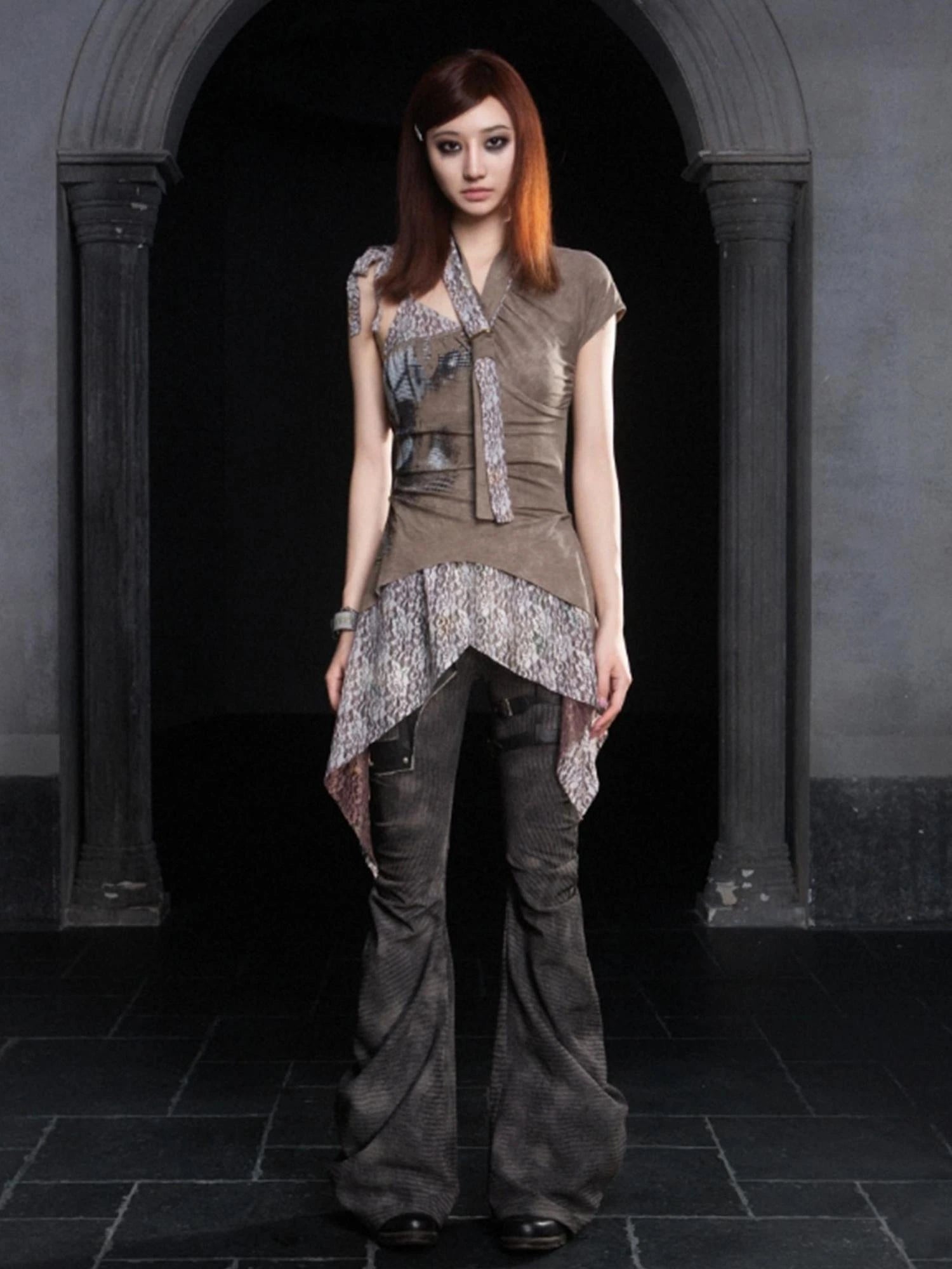 Punk Asymmetrical Layered Bralette With Scarf
