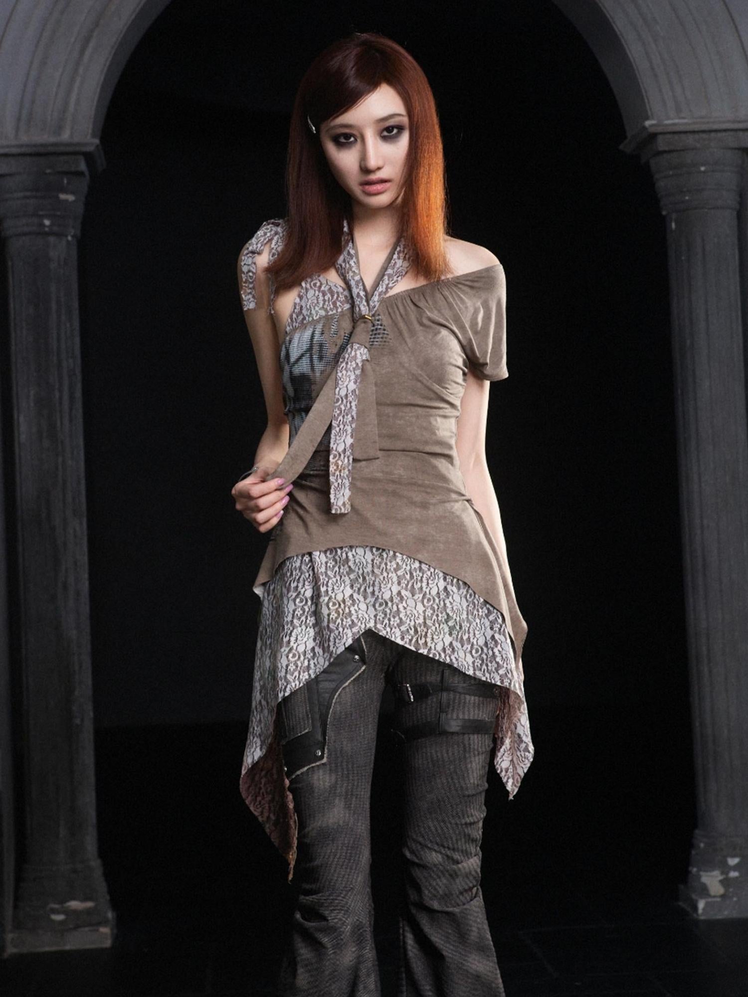 ARIADNAw Punk Asymmetrical Layered Bralette With Scarf