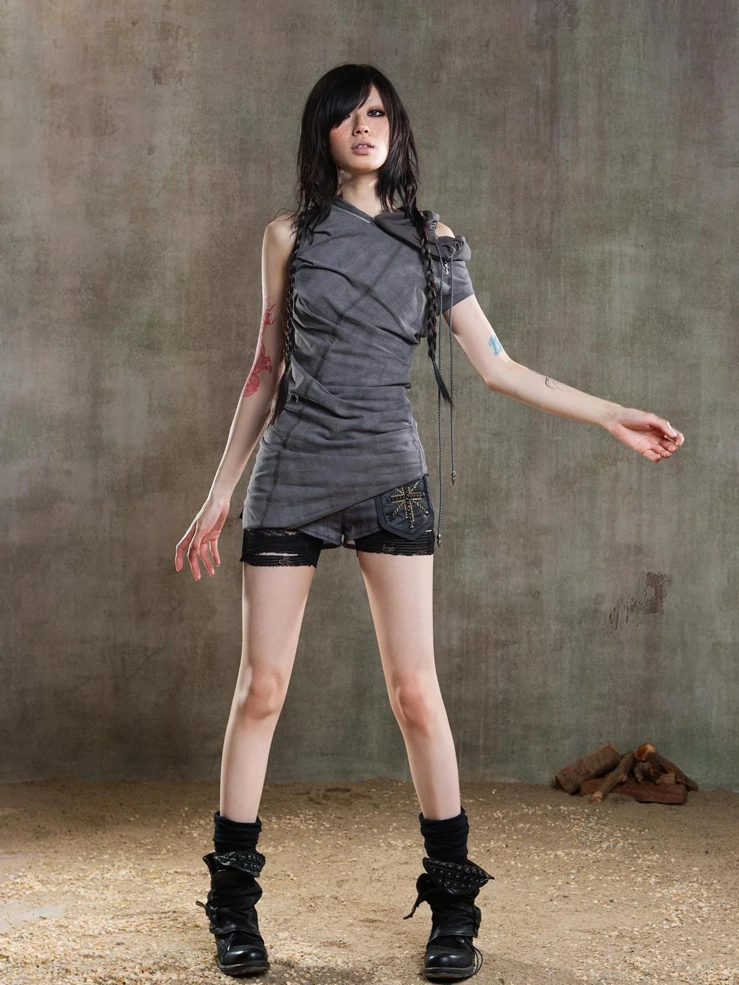 Punk Asymmetrical Tie Waist Multi Function Low Rise Shorts