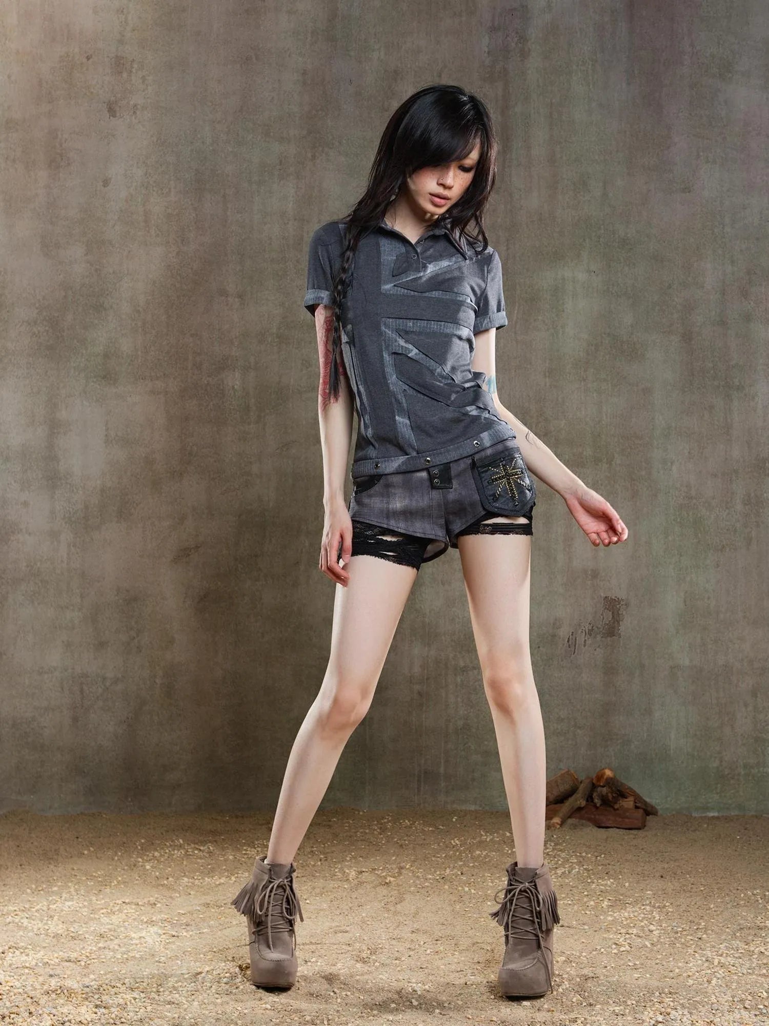 Punk Asymmetrical Tie Waist Multi Function Low Rise Shorts