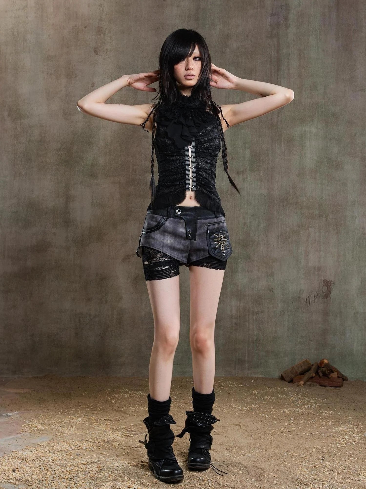 Punk Asymmetrical Tie Waist Multi Function Low Rise Shorts