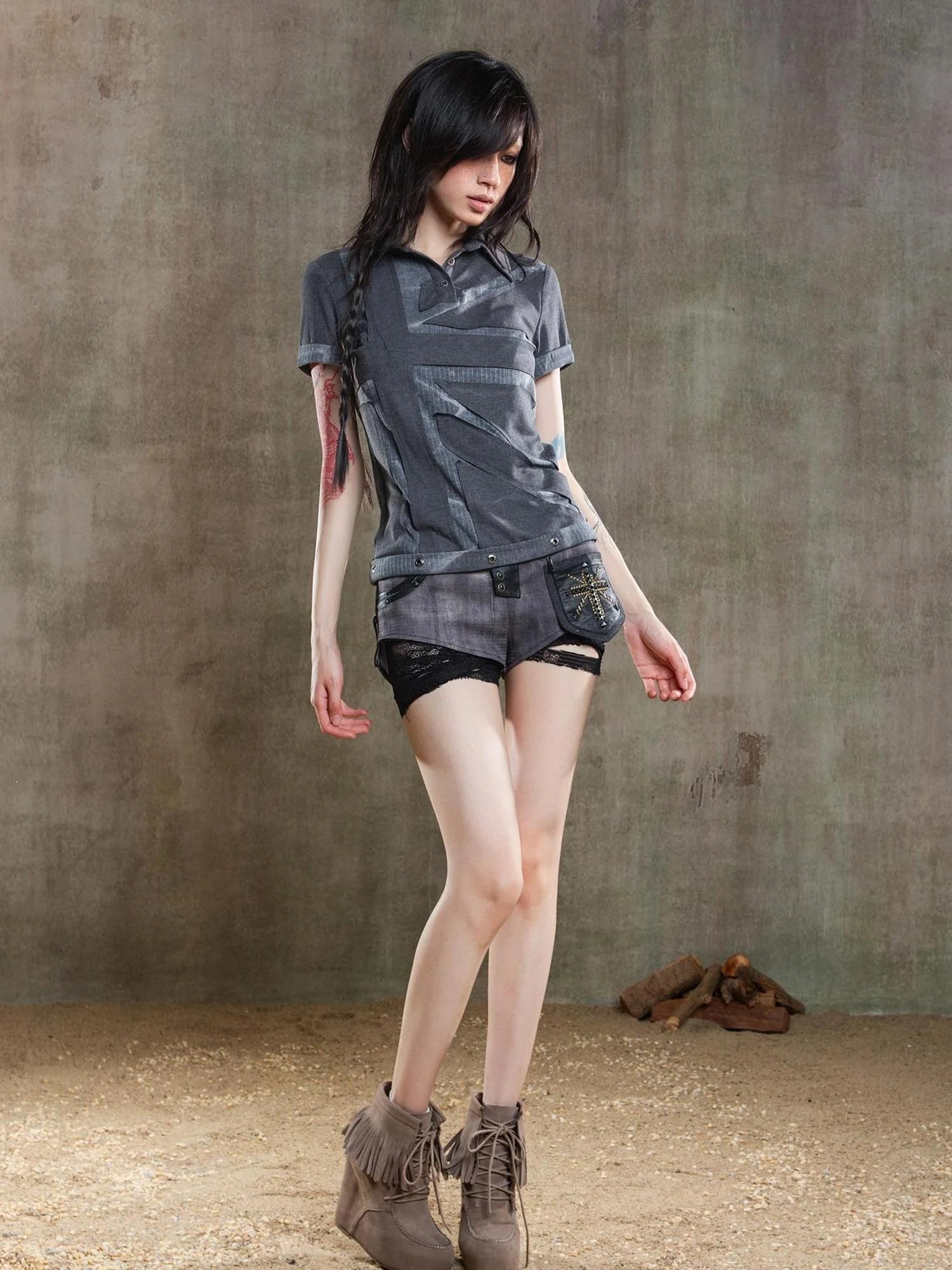 Punk Asymmetrical Tie Waist Multi Function Low Rise Shorts