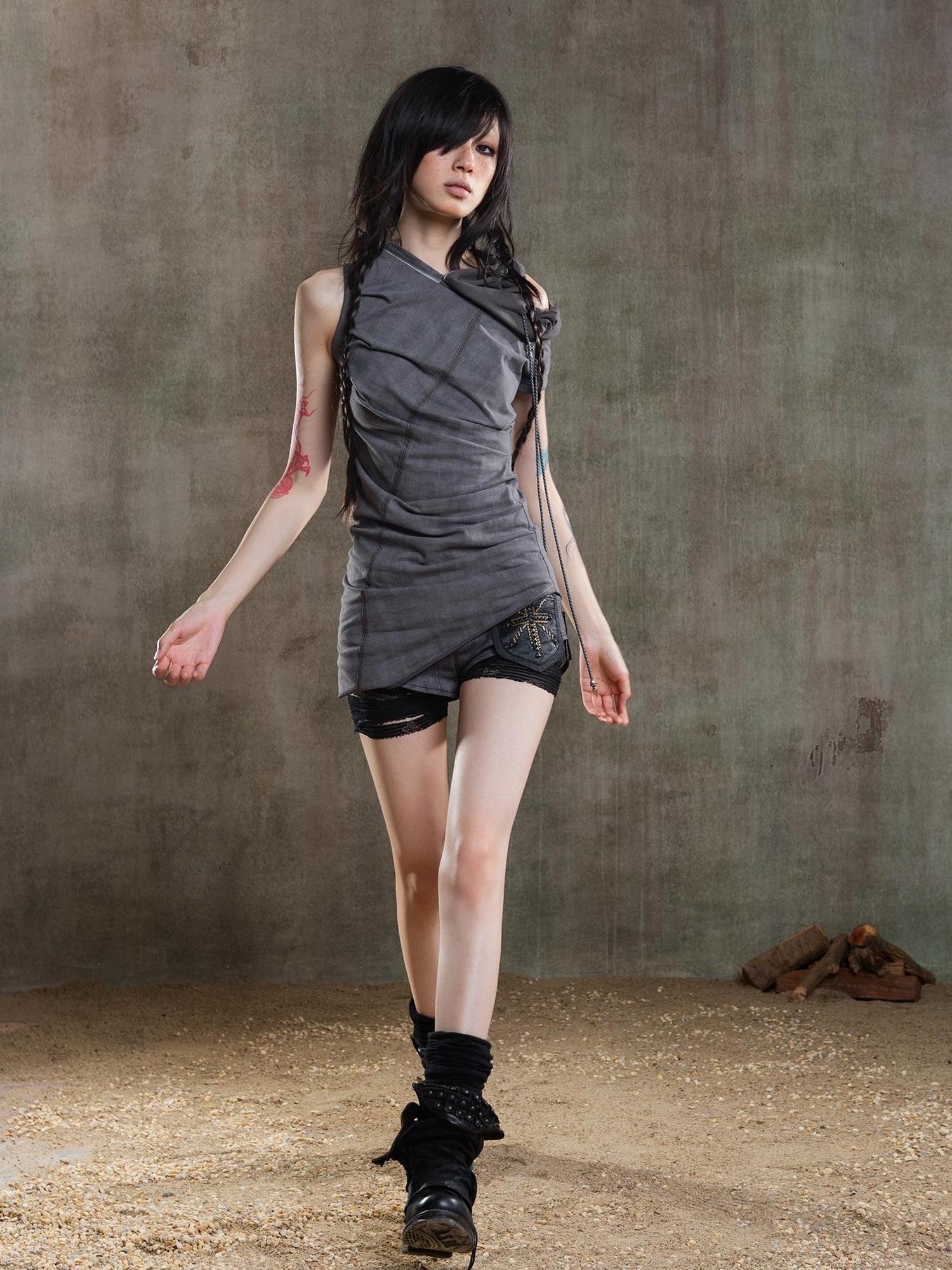 ARIADNAw Punk Asymmetrical Tie Waist Multi Function Low Rise Shorts