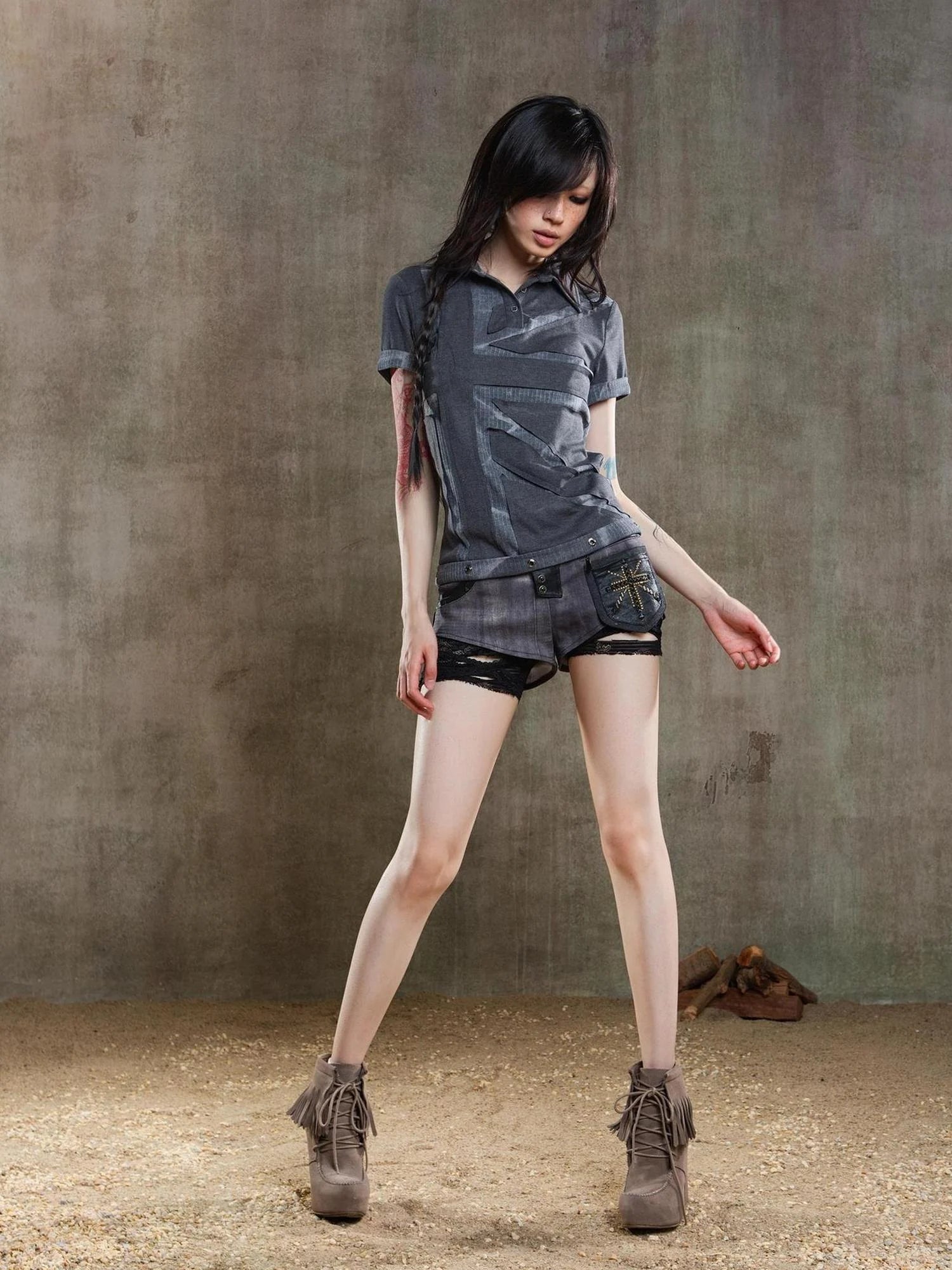 Punk Asymmetrical Tie Waist Multi Function Low Rise Shorts