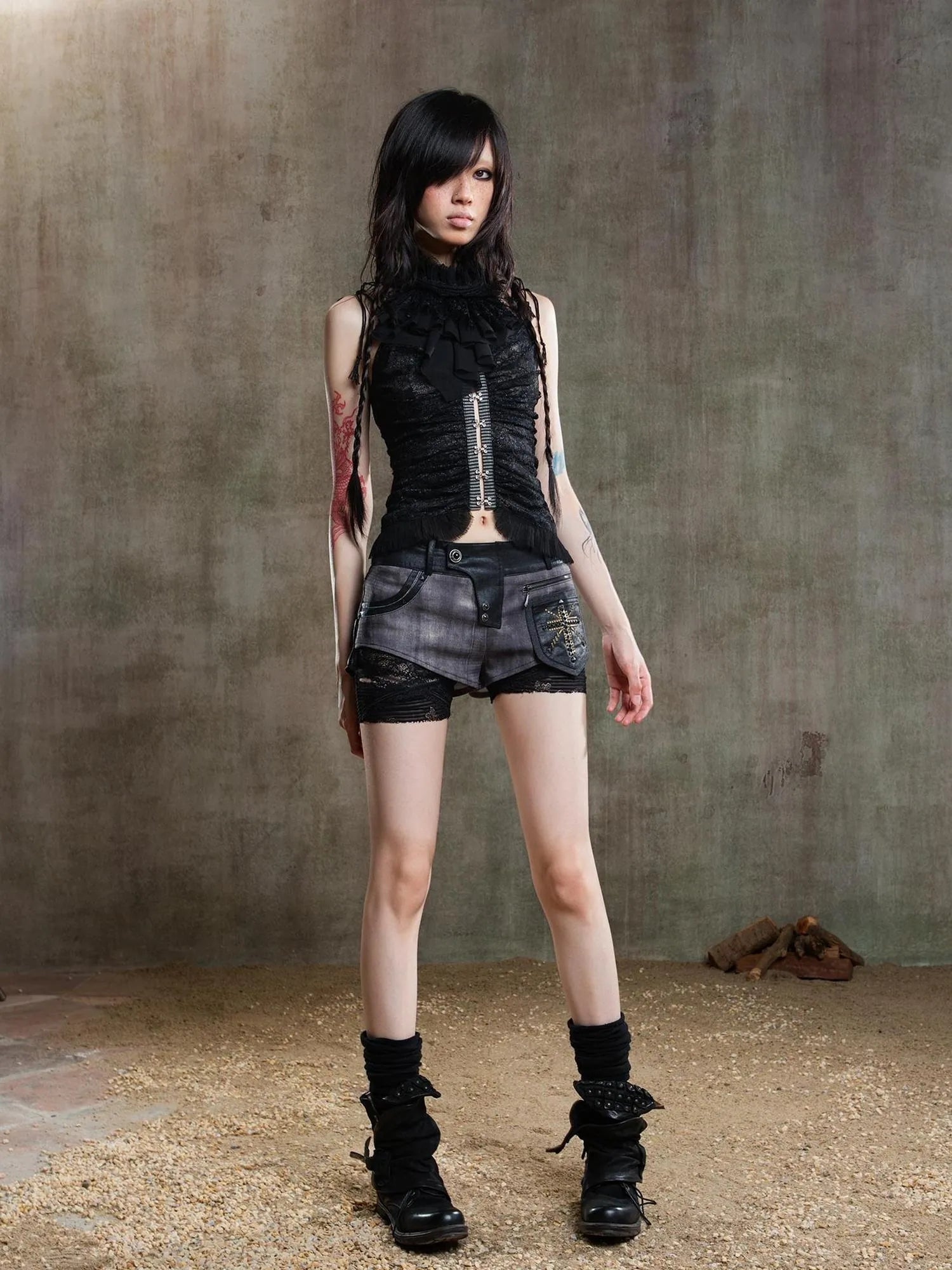 Punk Asymmetrical Tie Waist Multi Function Low Rise Shorts