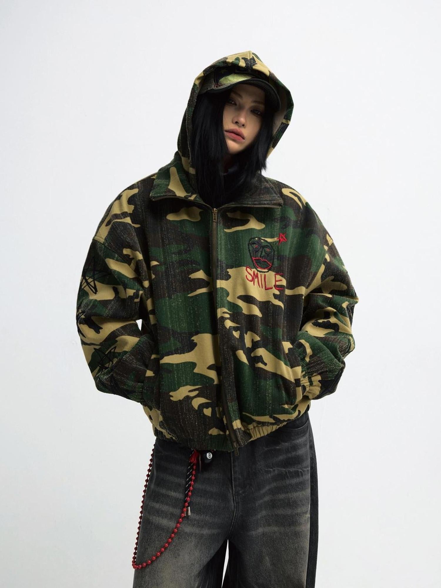 Peoplesense Punk Camo Distressed Hooded Sweatshirt Unisex Loose Fit Cotton Jacket