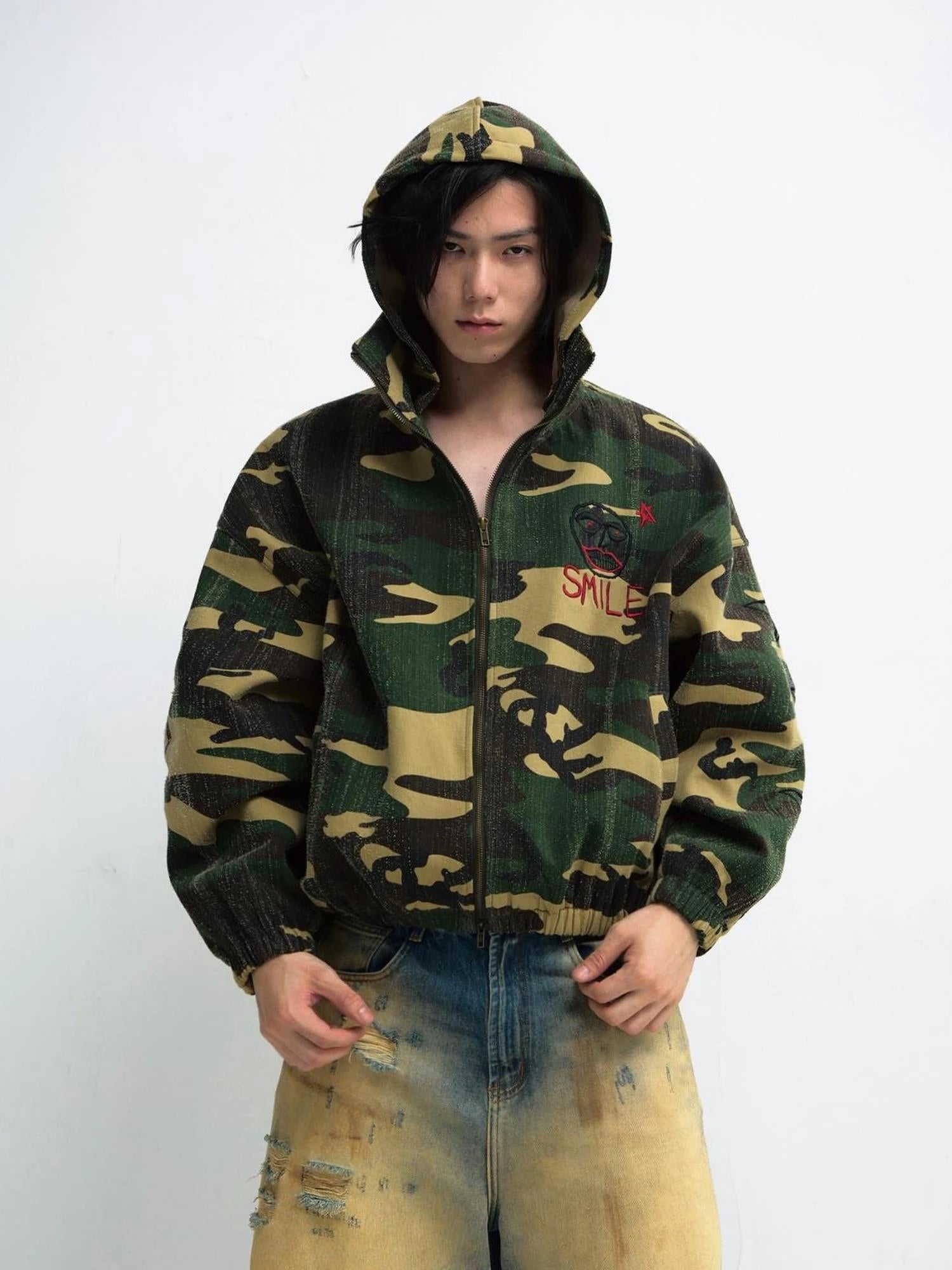Punk Camo Distressed Hooded Sweatshirt Unisex Loose Fit Cotton Jacket